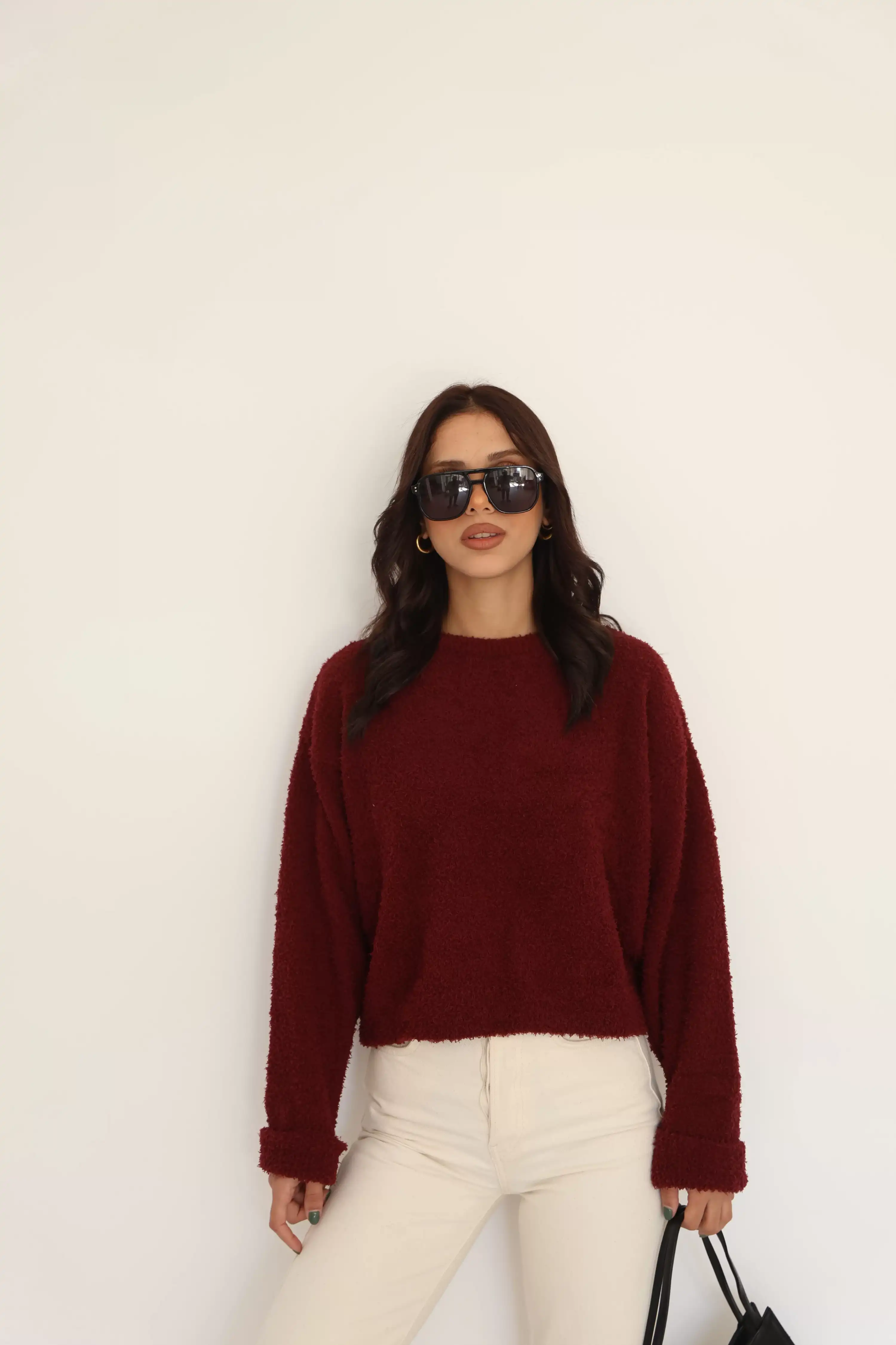 KOL KATLAMALI PELUŞ KAZAK-BORDO