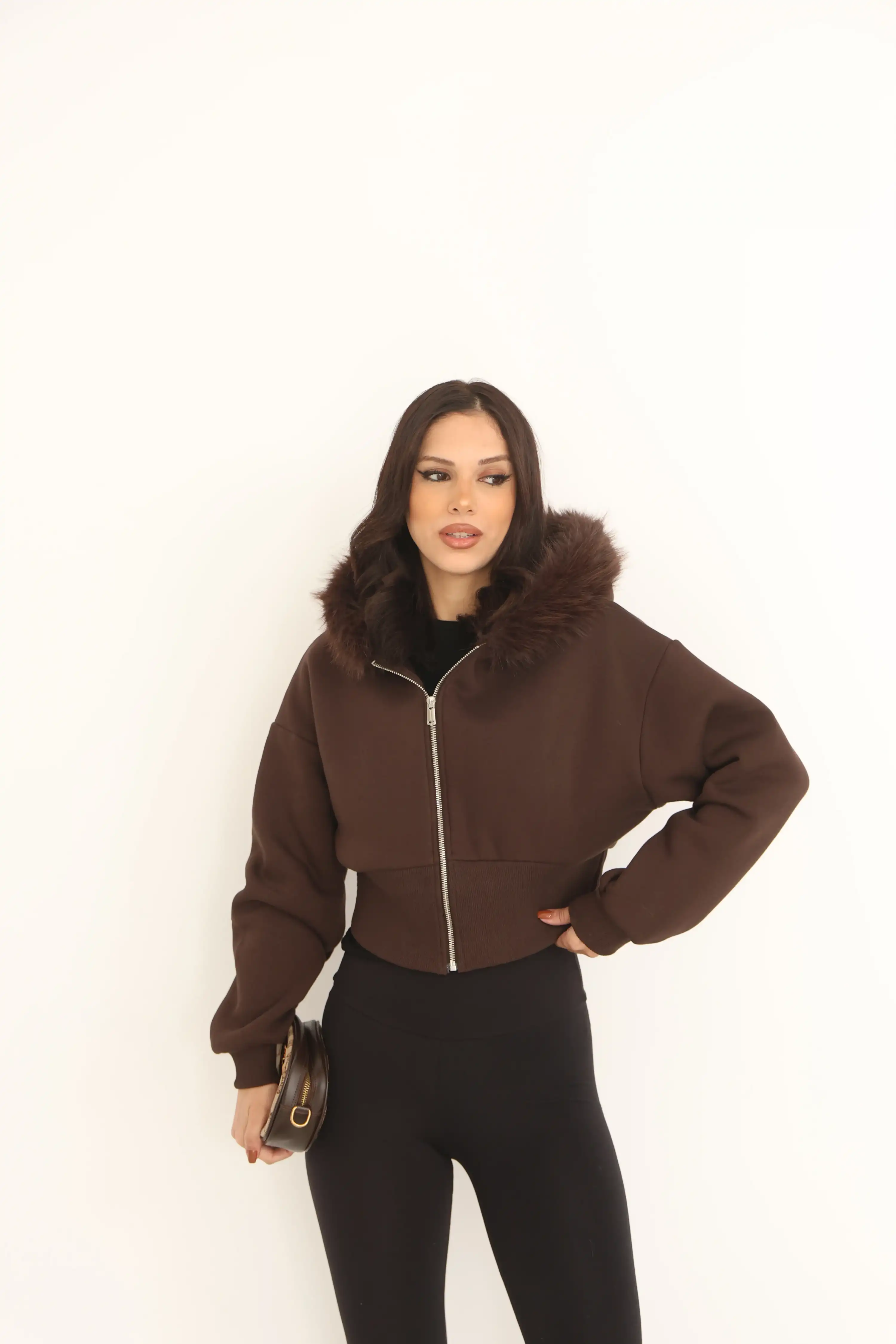 KÜRKLÜ FERMUAR KAPAMALI BOMBER KAŞE CEKET-KAHVE