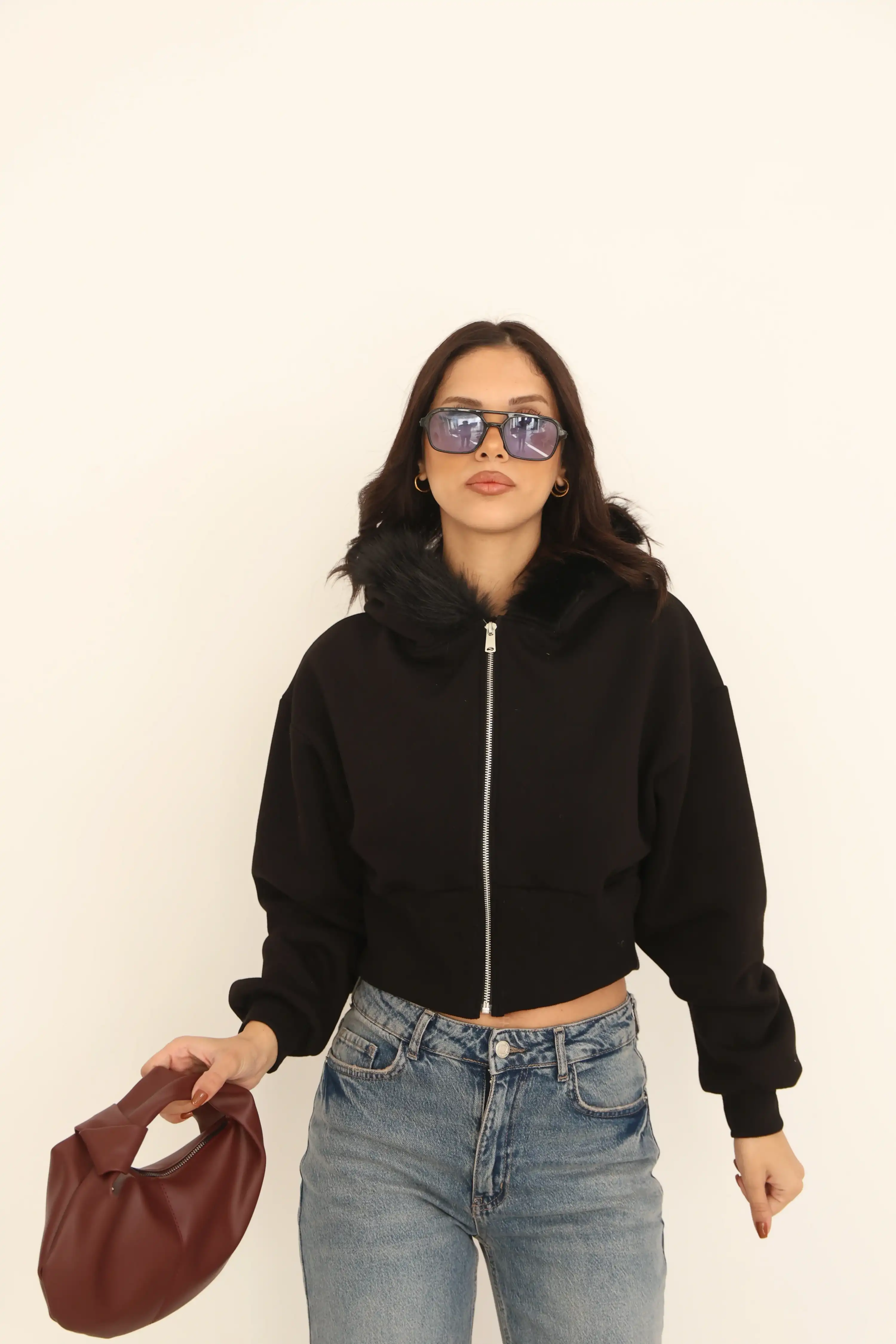 KÜRKLÜ FERMUAR KAPAMALI BOMBER KAŞE CEKET-SİYAH