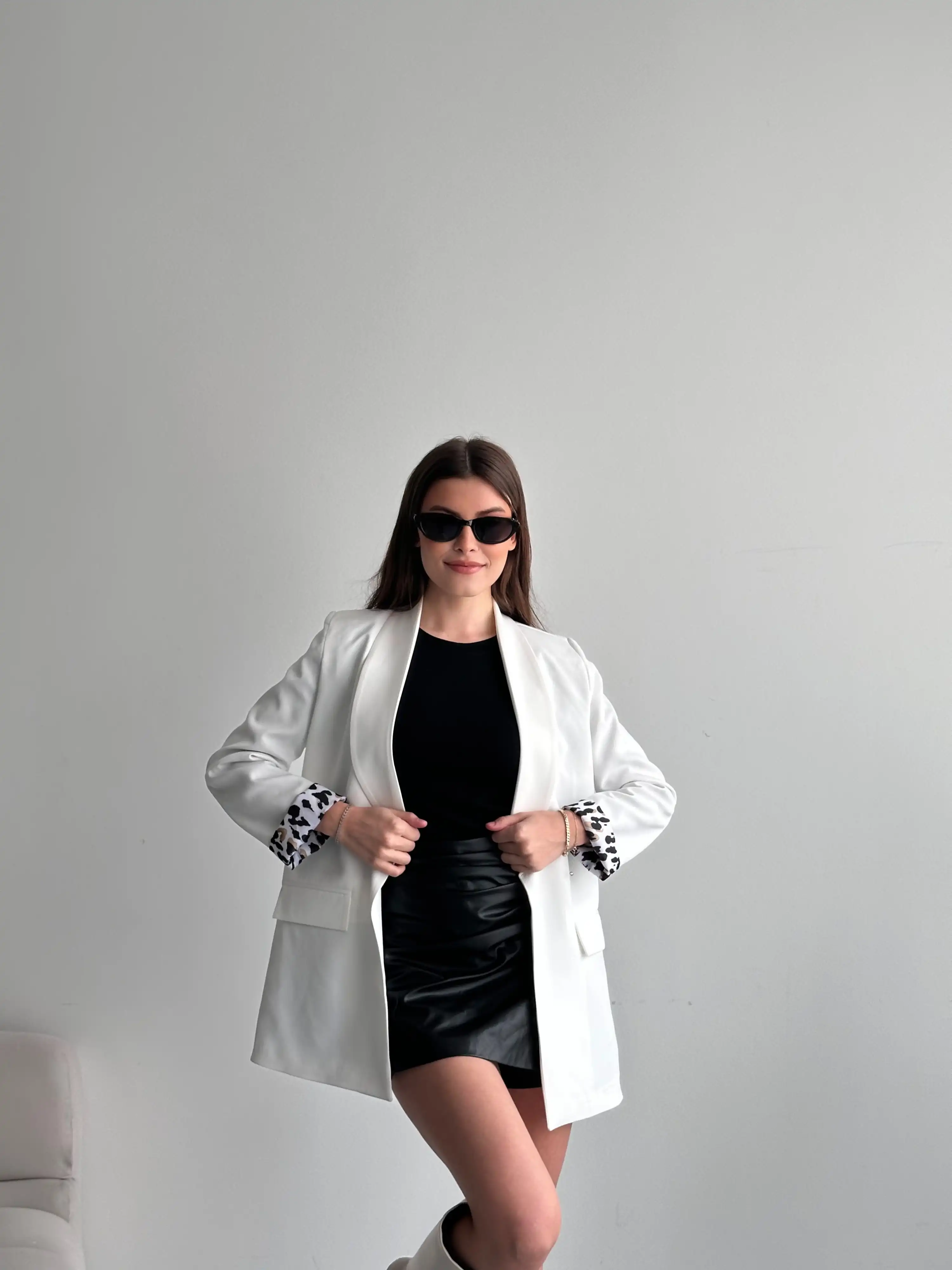 LEOPAR ASTARLI BLAZER CEKET-BEYAZ