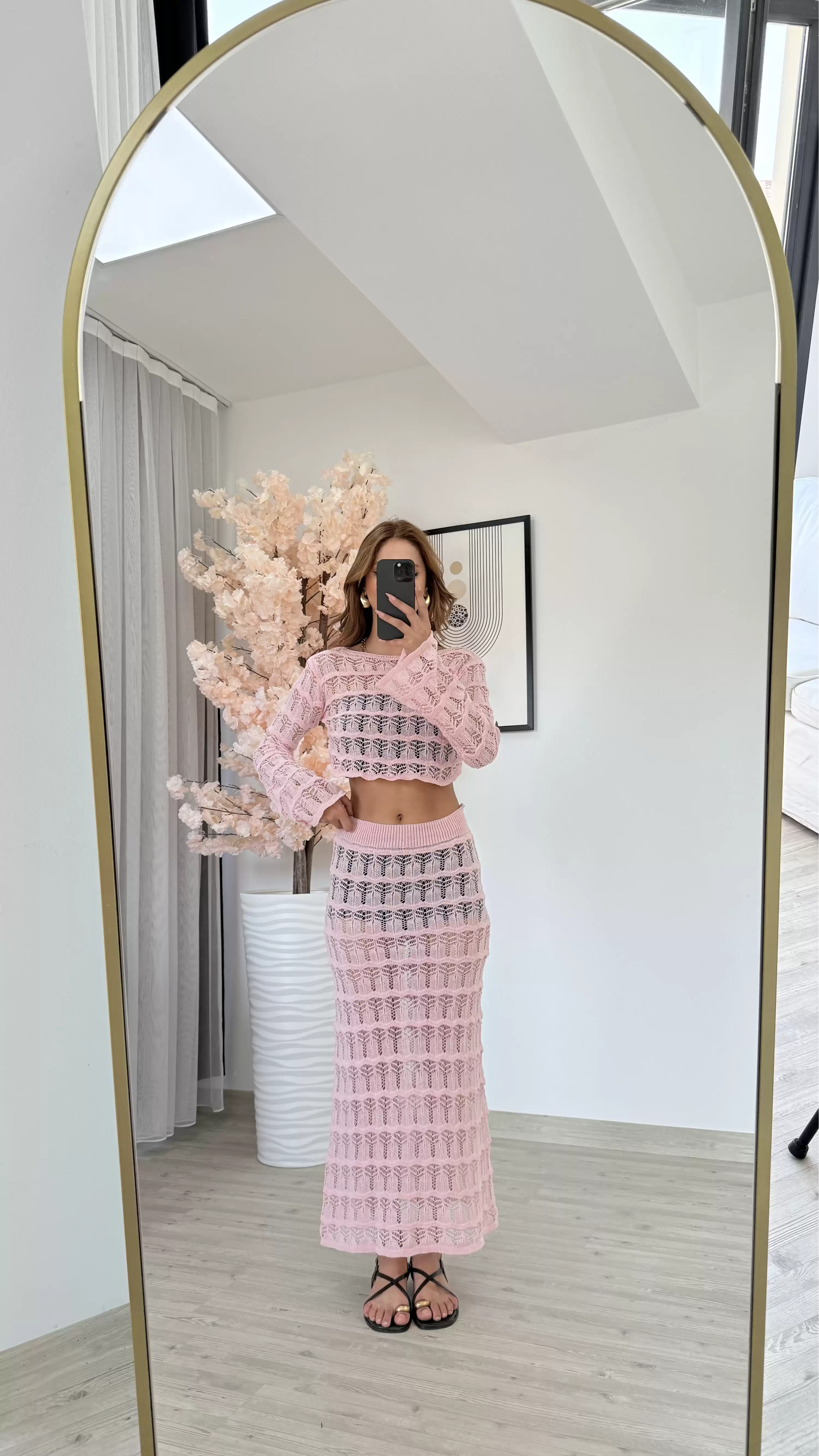 ÖRGÜ MODEL CROPLU TAKIM-PEMBE