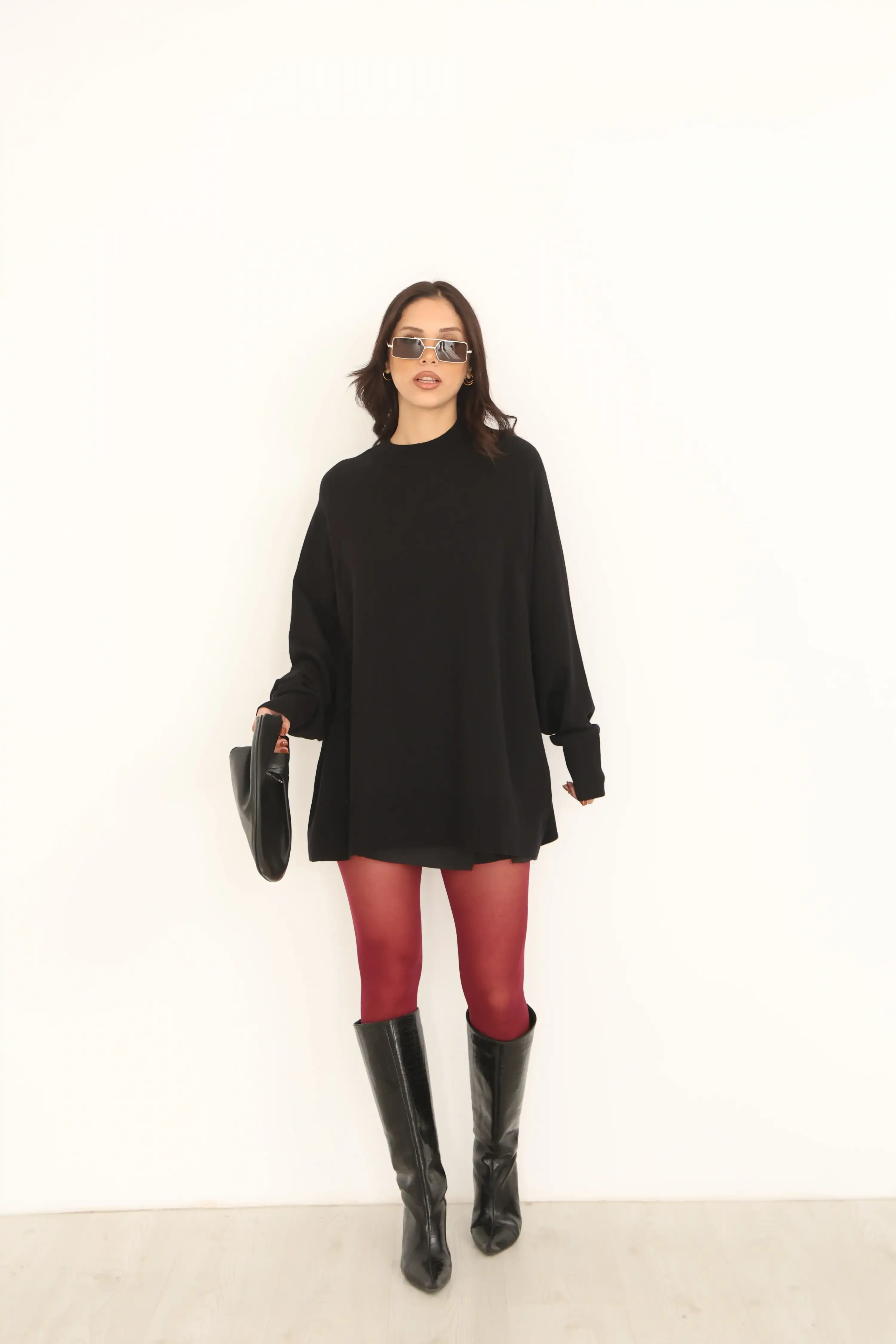 OVERSİZE DİK YAKA KAZAK-SİYAH