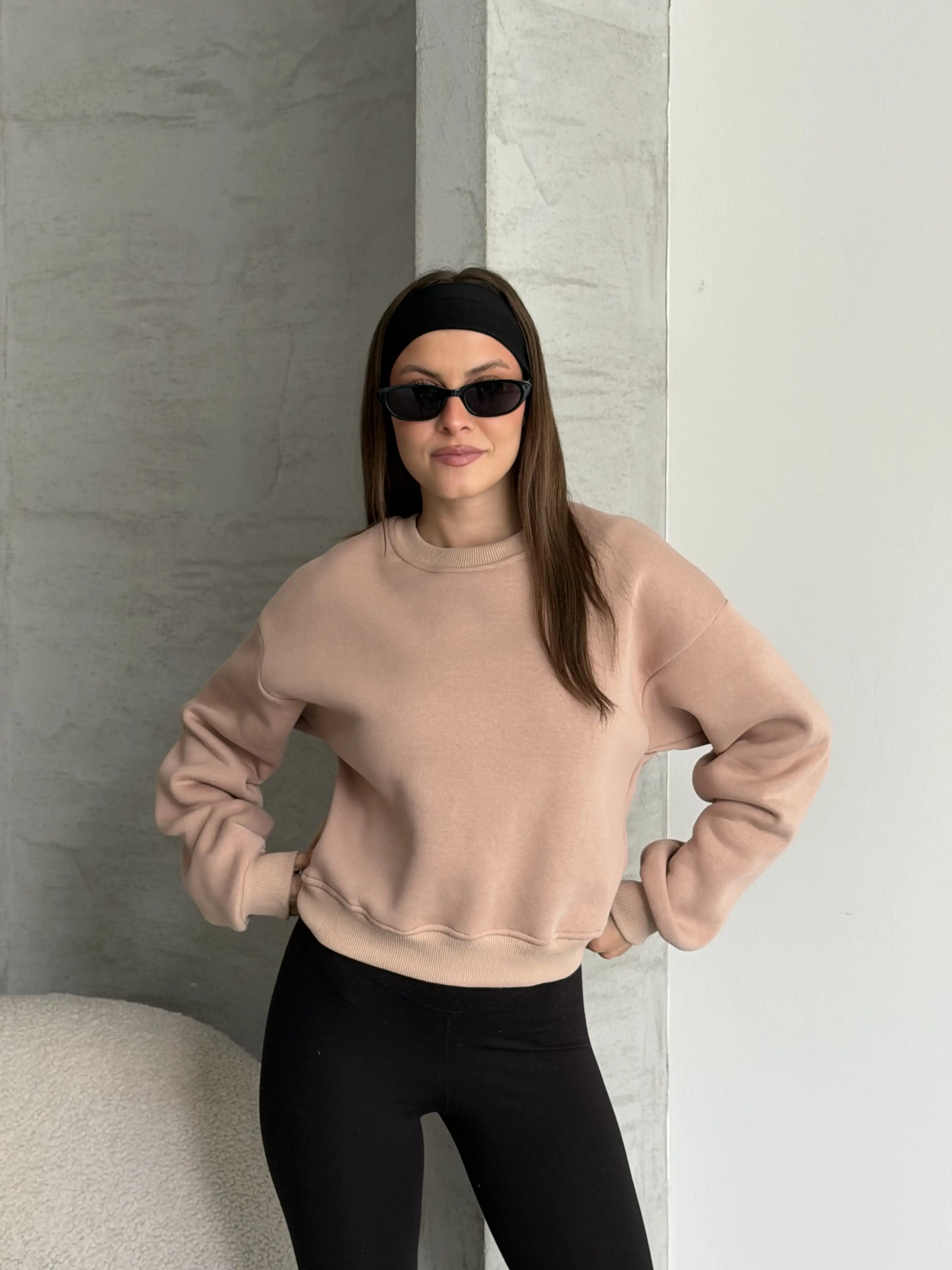OVERSİZE DÜŞÜK OMUZ BİSİKLET YAKA SWEATSHİRT-SOFT GÜL KURUSU
