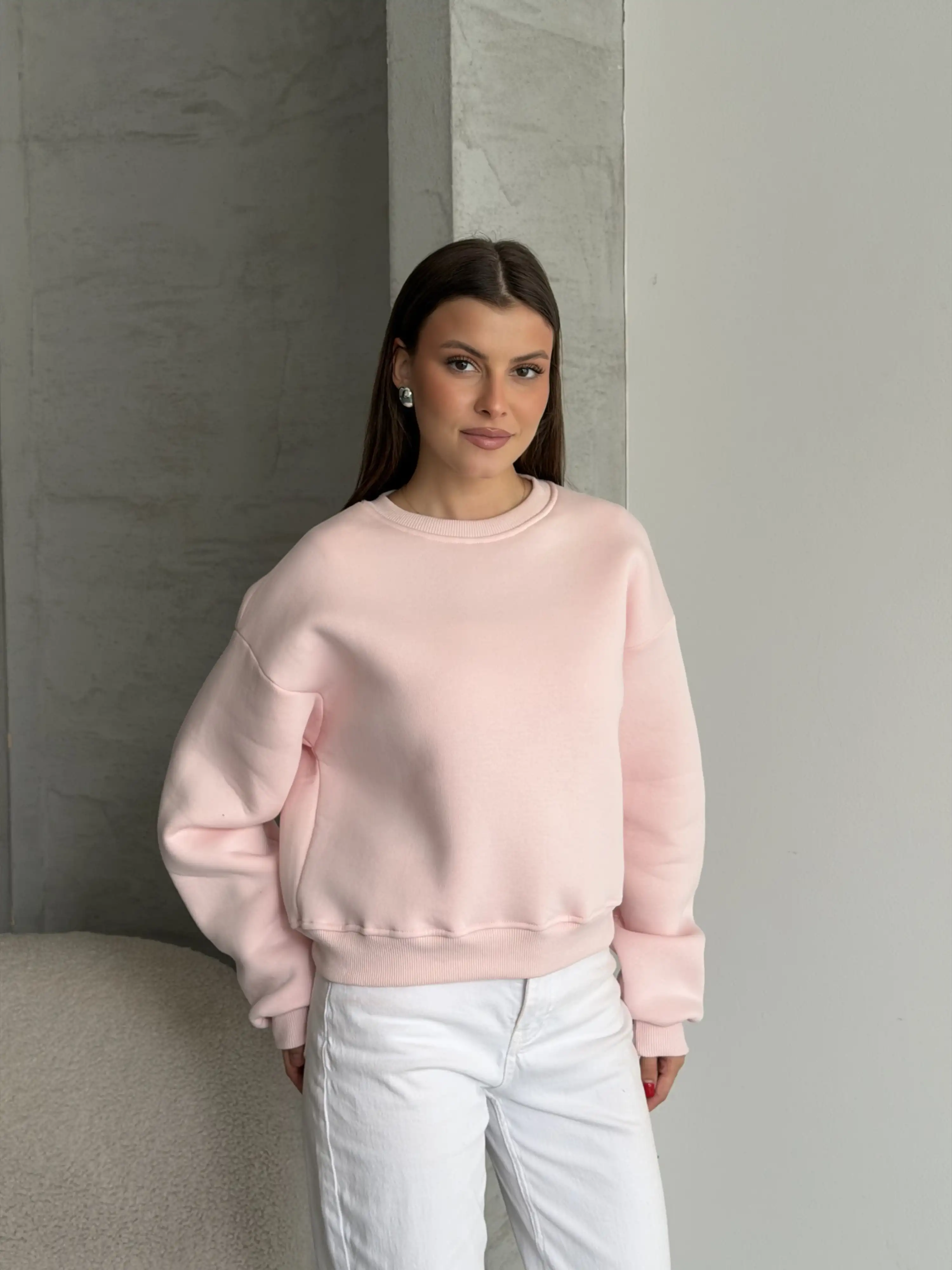 OVERSİZE DÜŞÜK OMUZ BİSİKLET YAKA SWEATSHİRT-PUDRA PEMBE