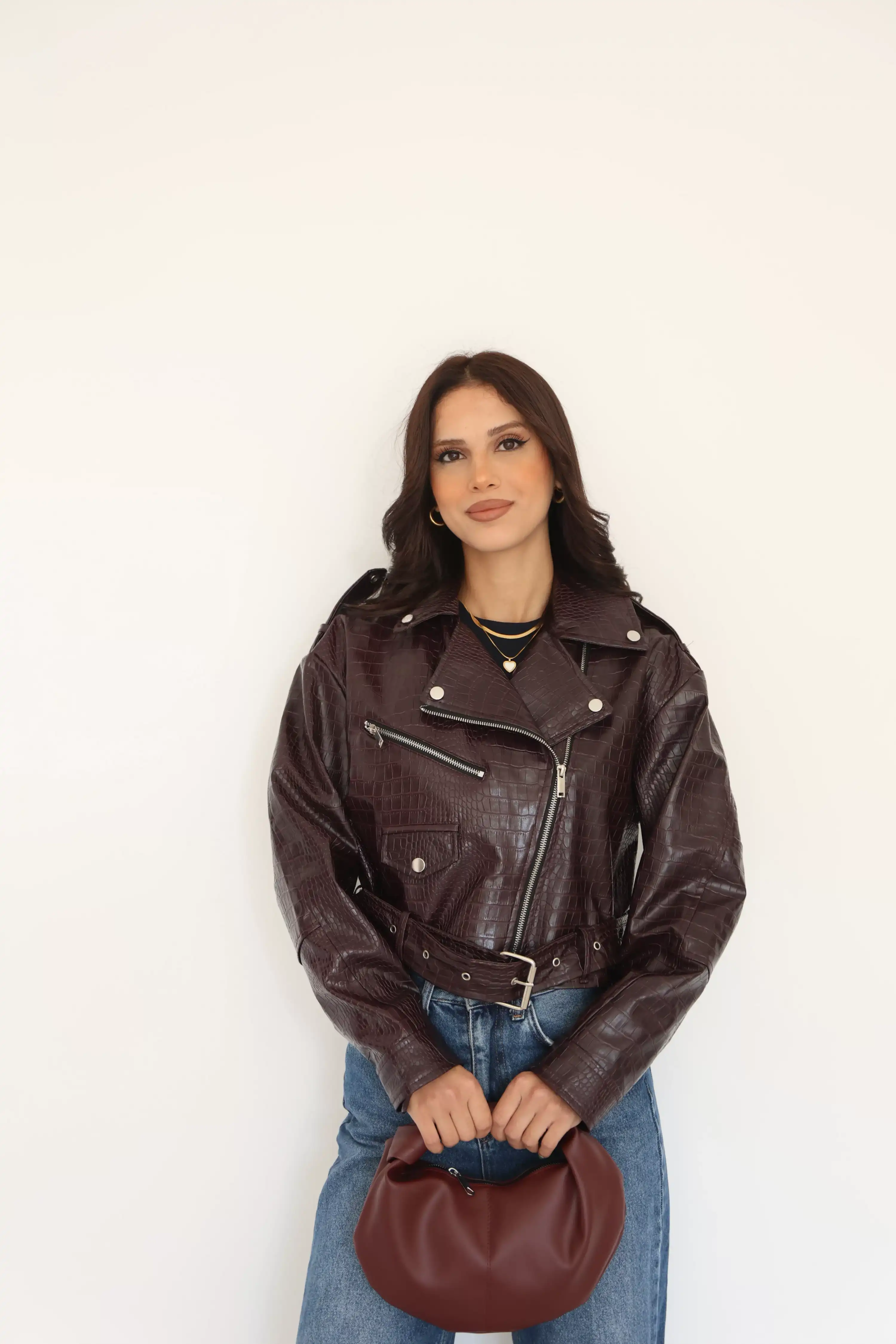 PİTON DESEN CROP DERİ CEKET-KAHVE