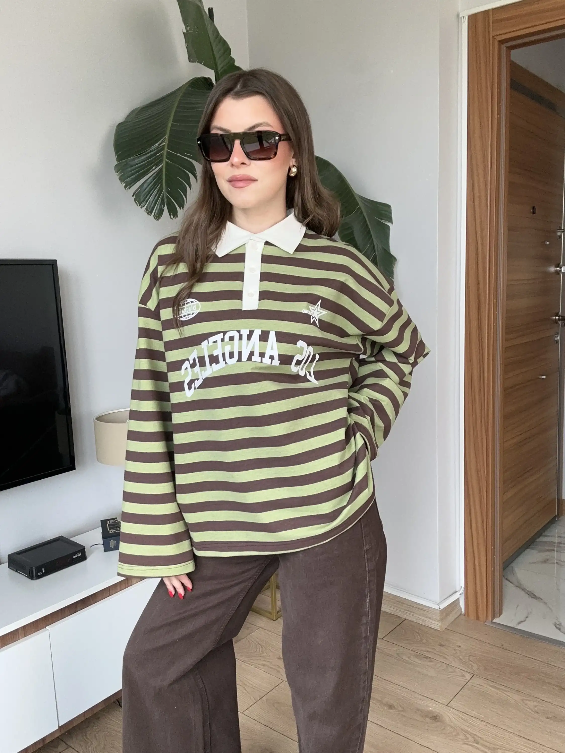 RETRO RUGBY TARZI ÇİZGİLİ DÜĞMELİ SWEAT-YEŞİL