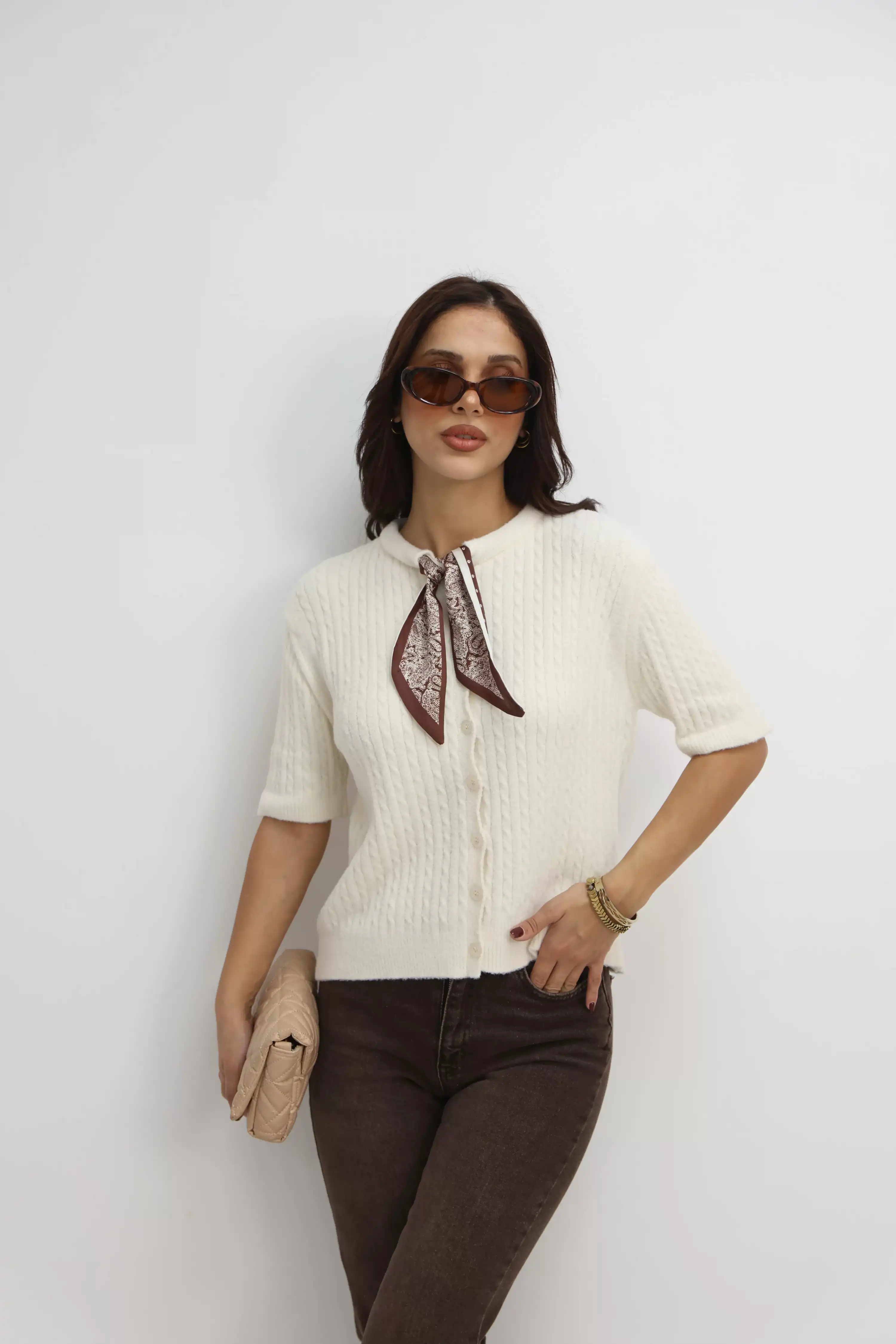 ŞAL DETAYLI KISA KOL TRİKO HIRKA-KREM