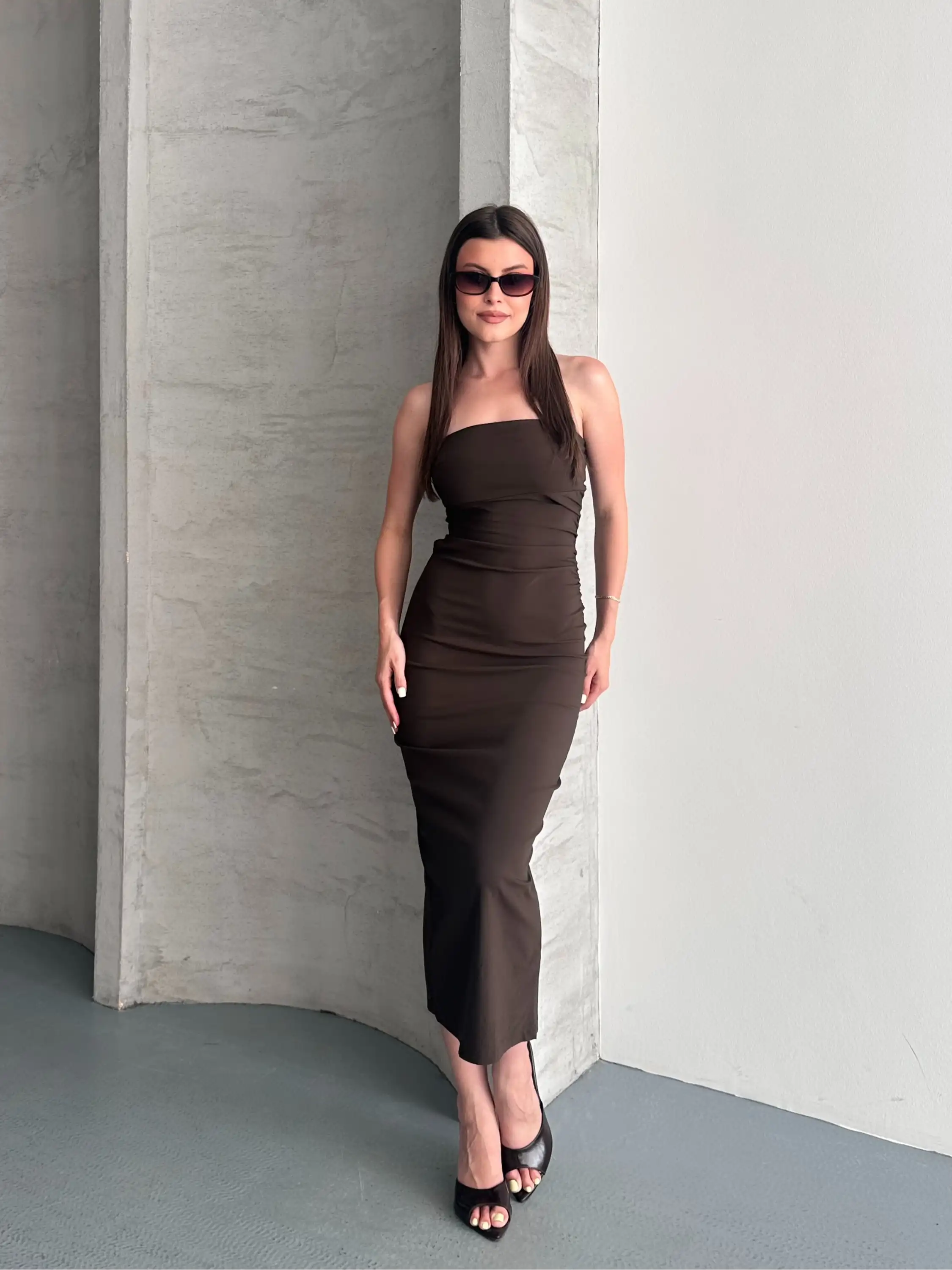 STRAPLEZ MODEL ELBİSE-KAHVE