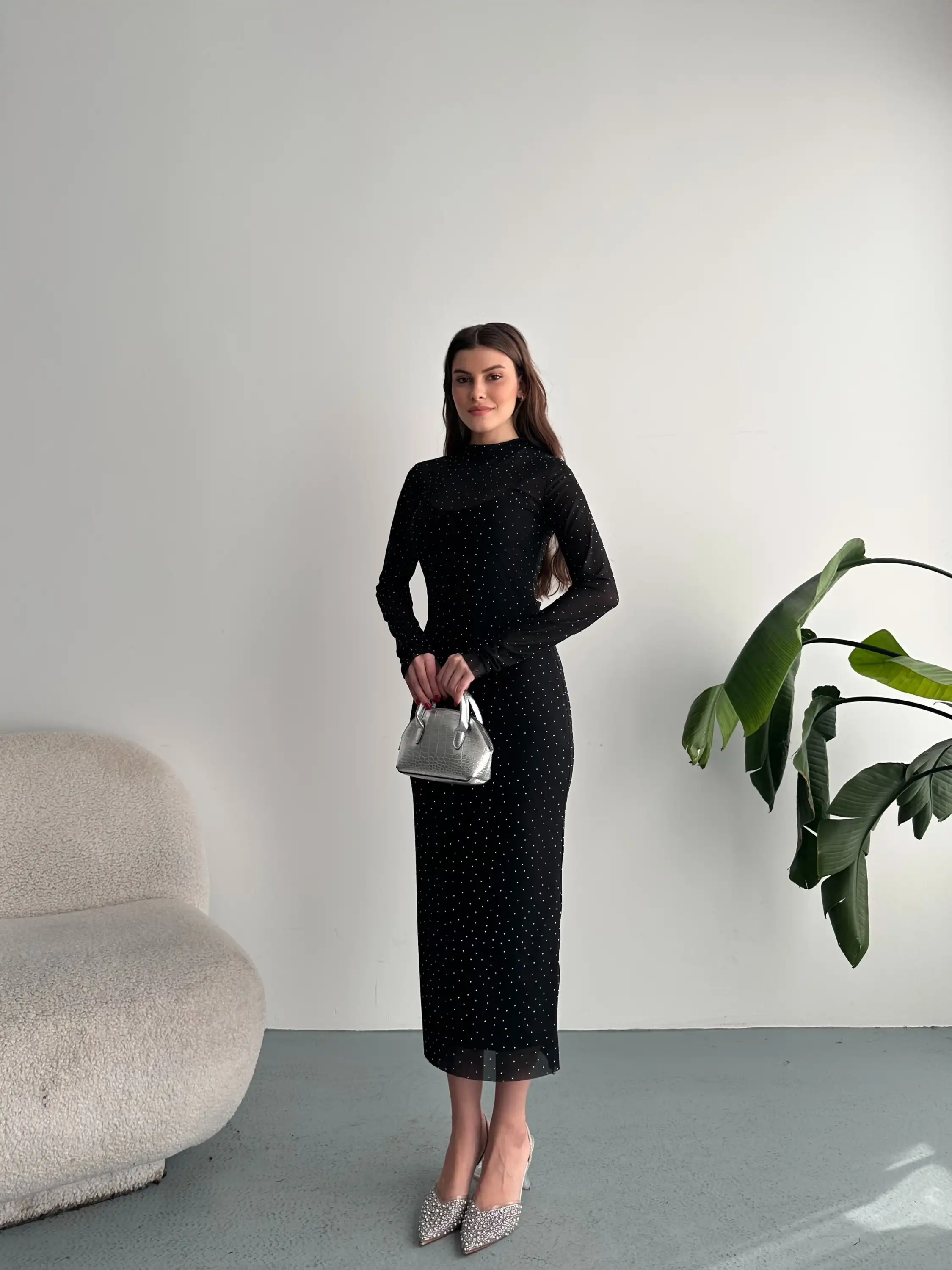 TAŞLI TRANSPARAN ELBİSE