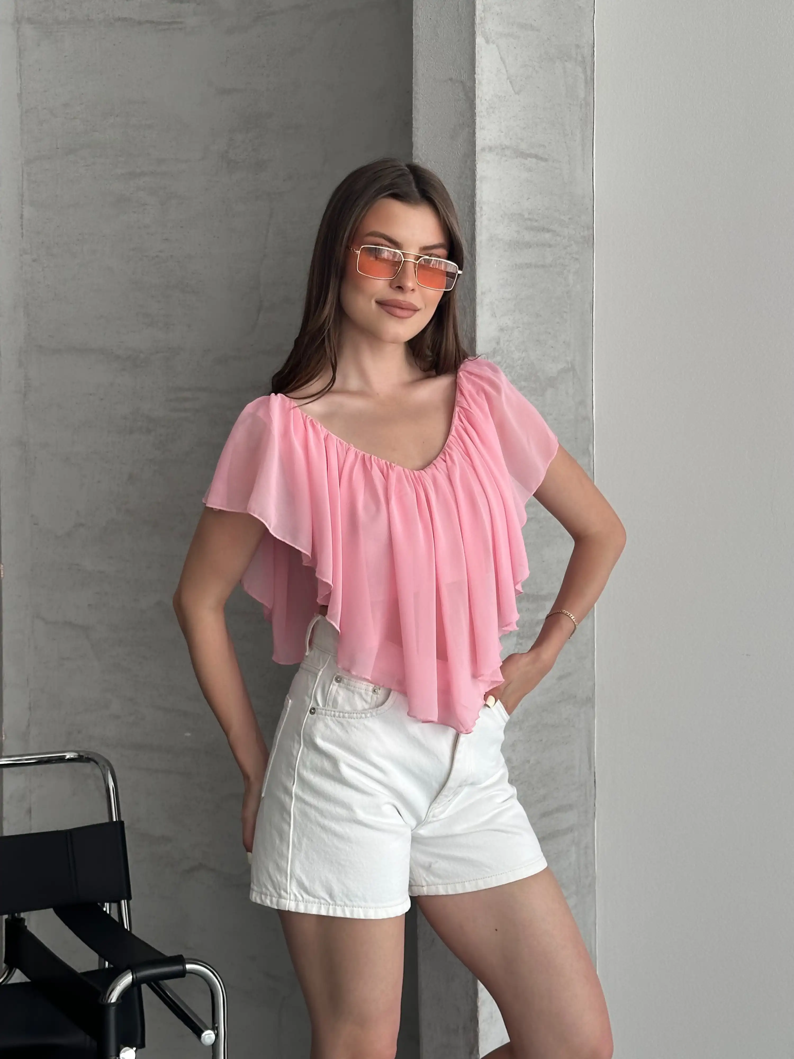 V KESİM ŞİFON BLUZ-PEMBE