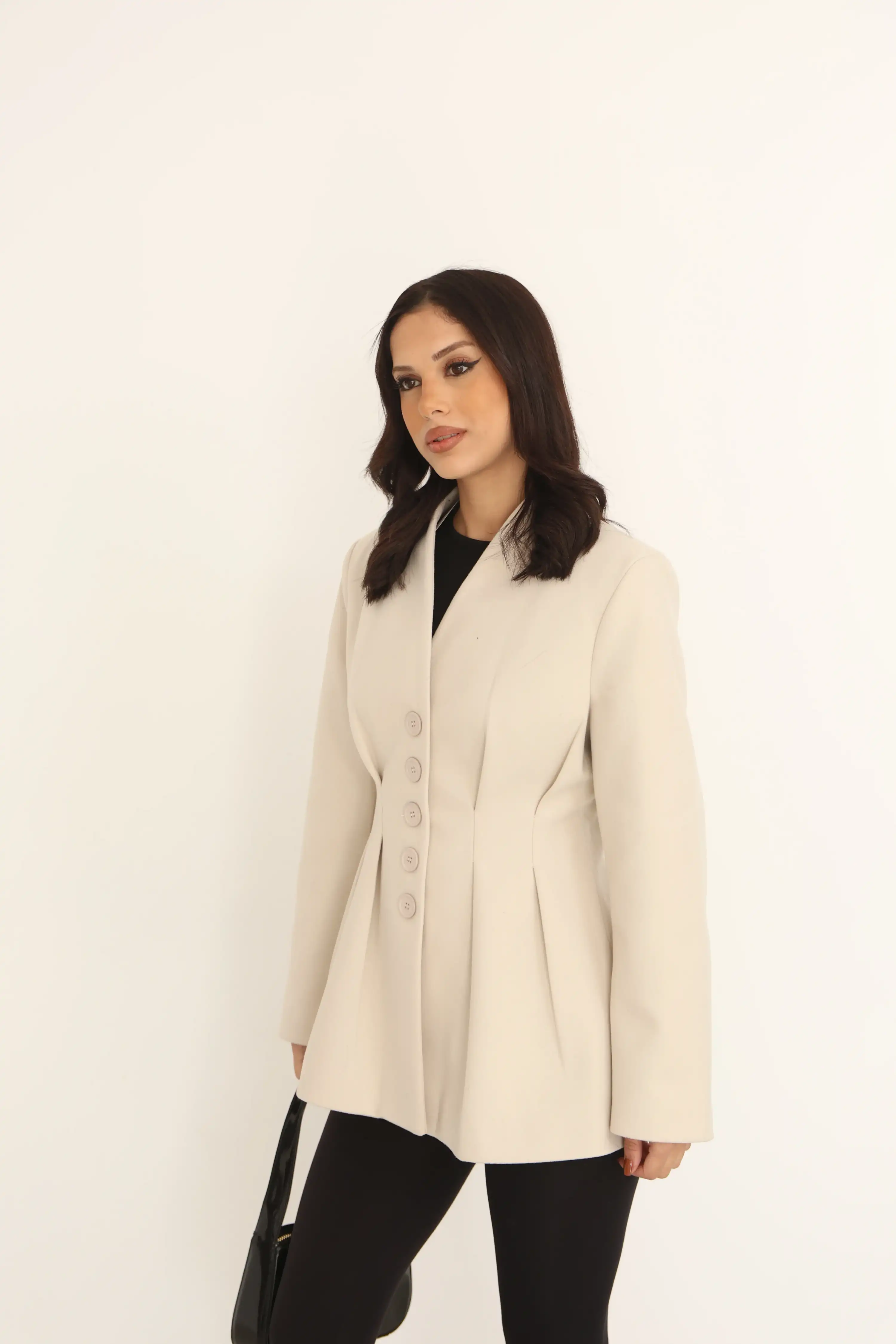 V YAKA BLAZER CEKET-KREM