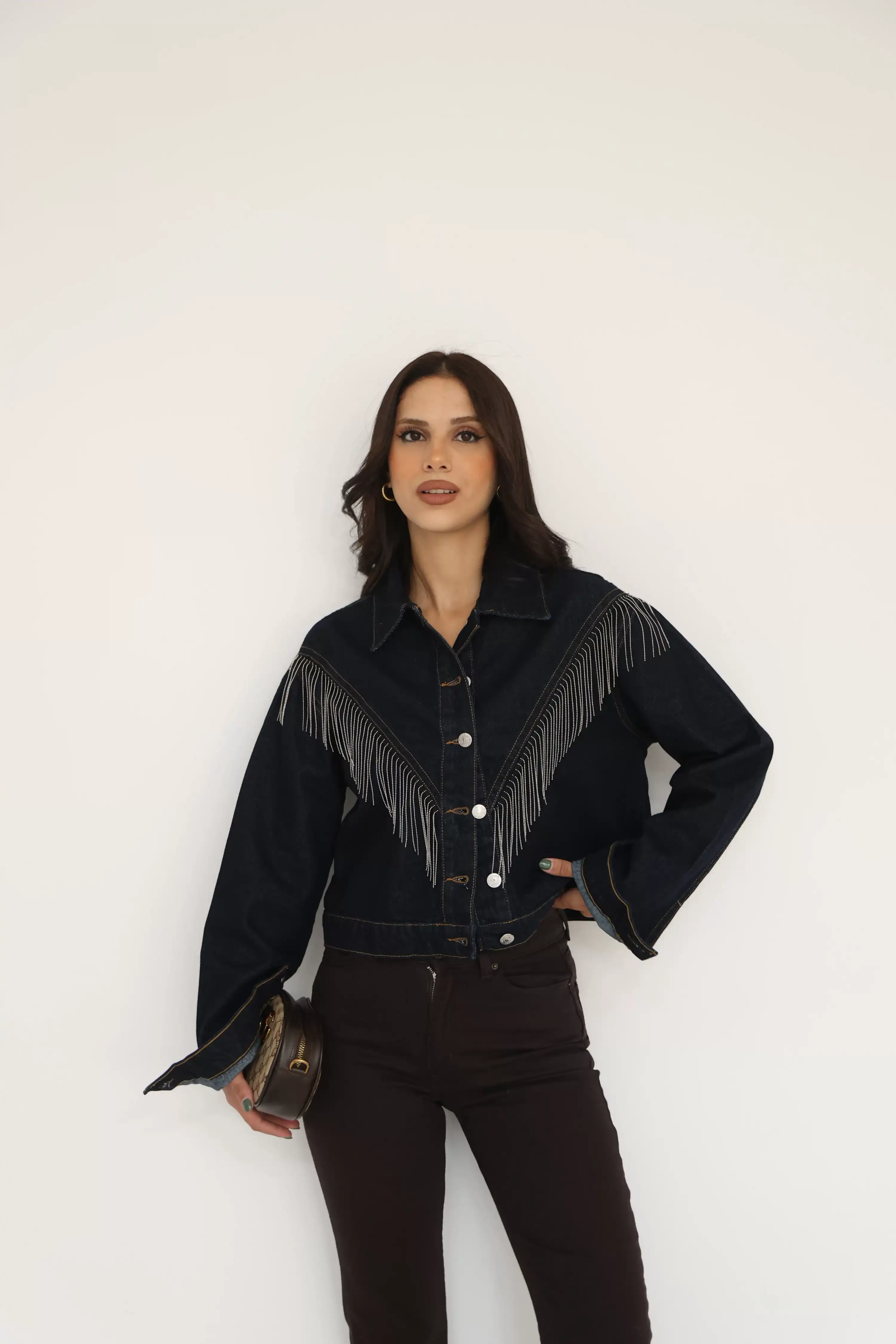 ZİNCİR DETAYLI CROP CEKET-LACİVERT