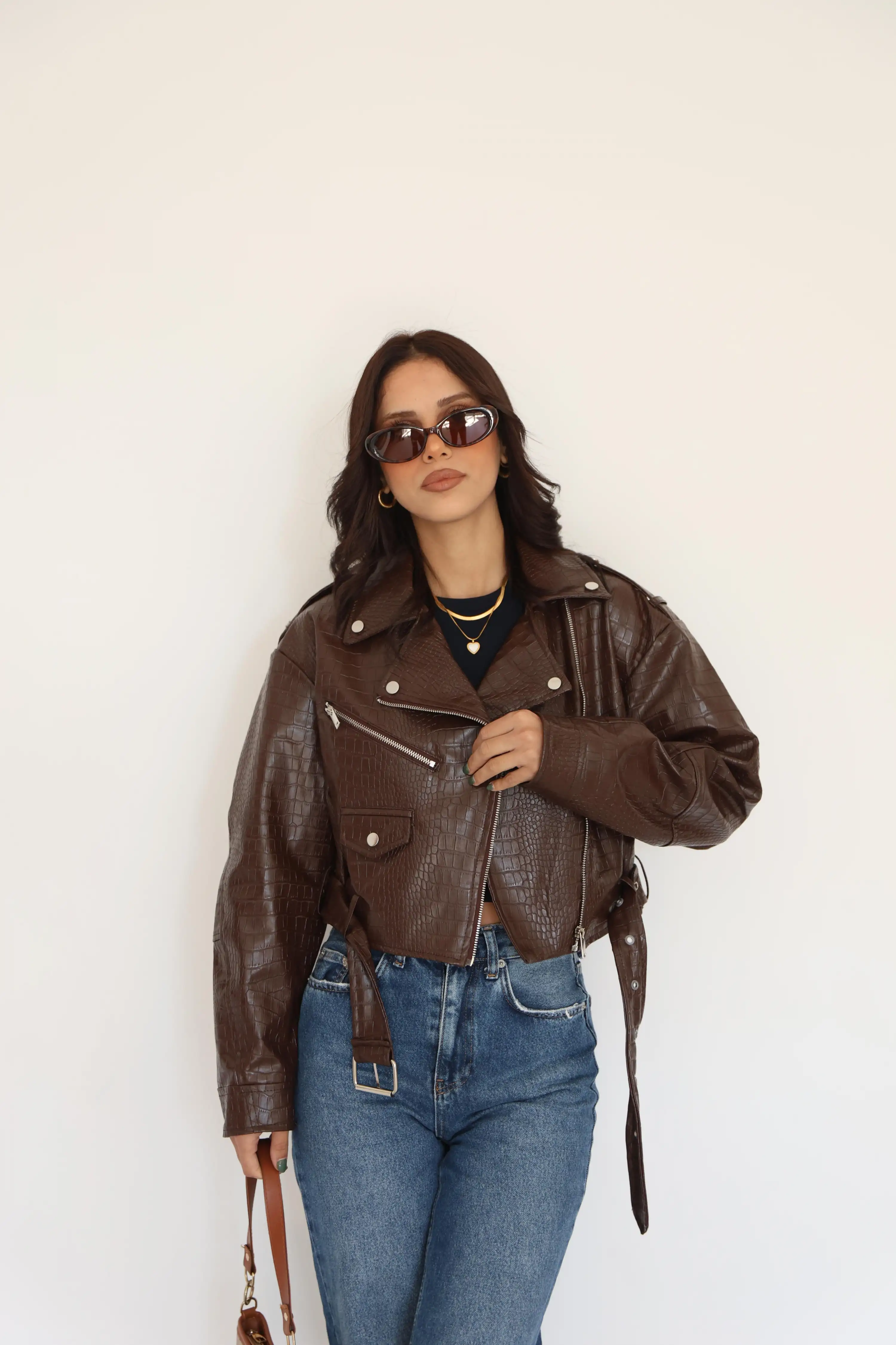 PİTON DESEN CROP DERİ CEKET-BORDO