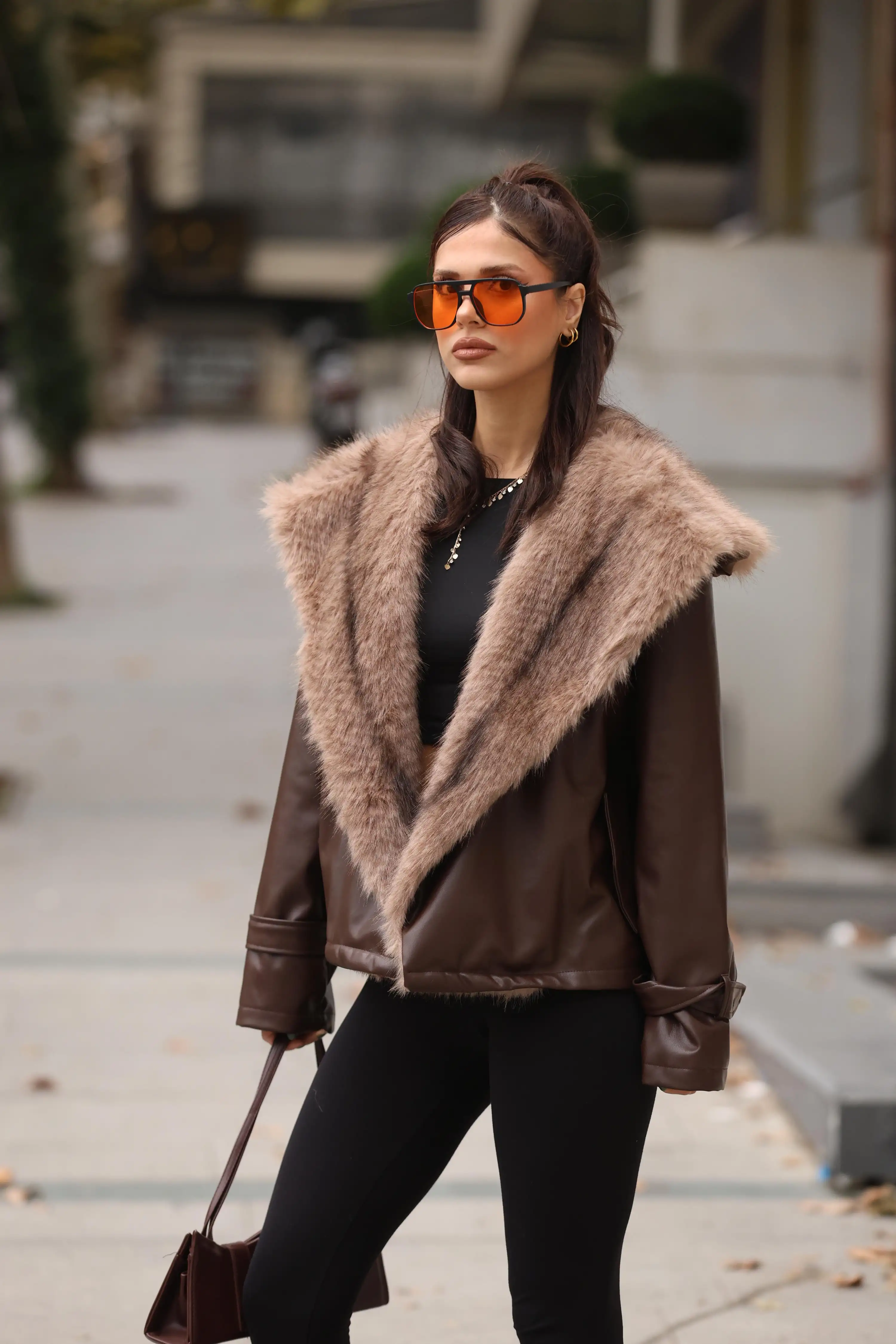 YAKA KÜRK DERİ CEKET-KAHVE