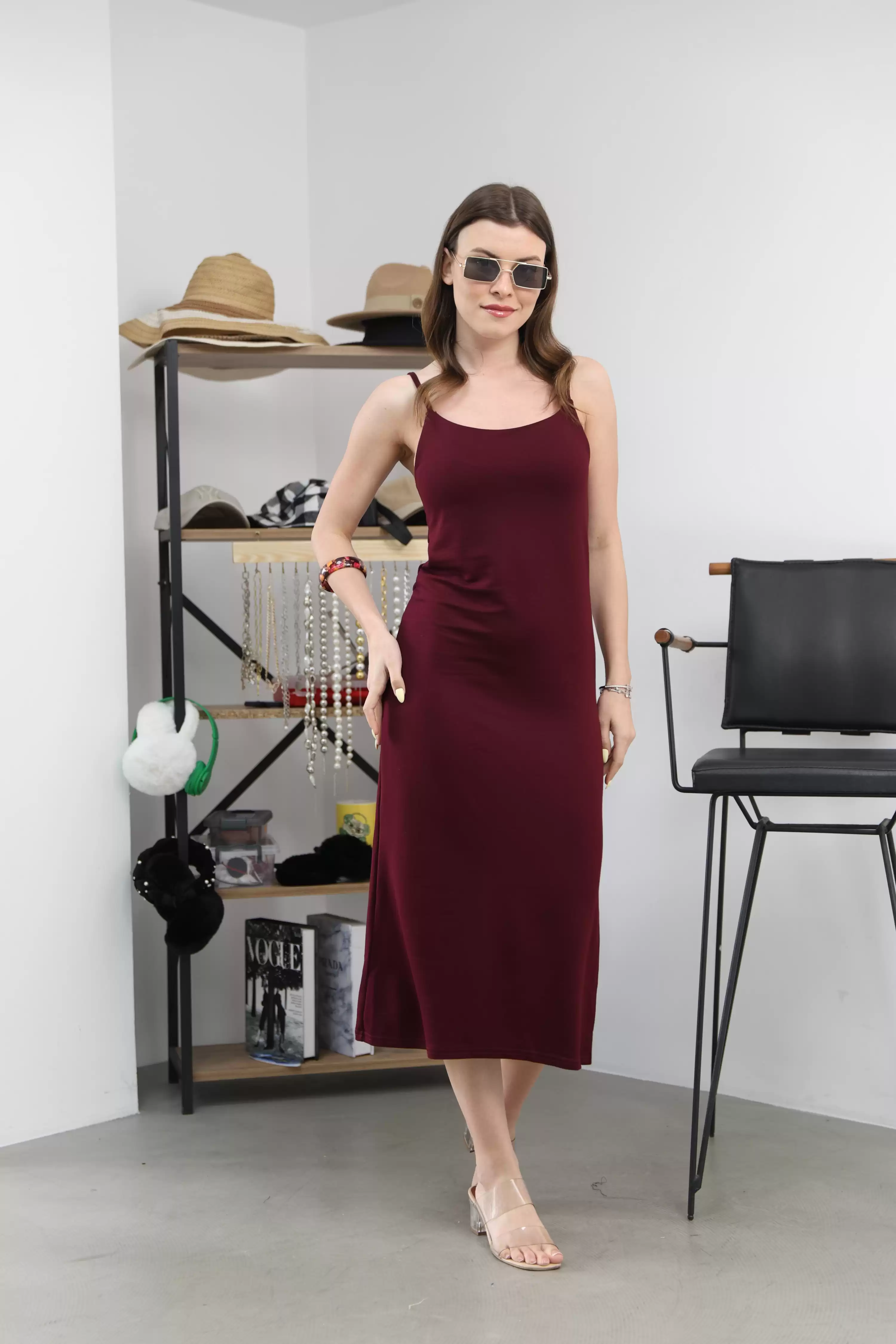 ASKILI MODAL ELBİSE-BORDO