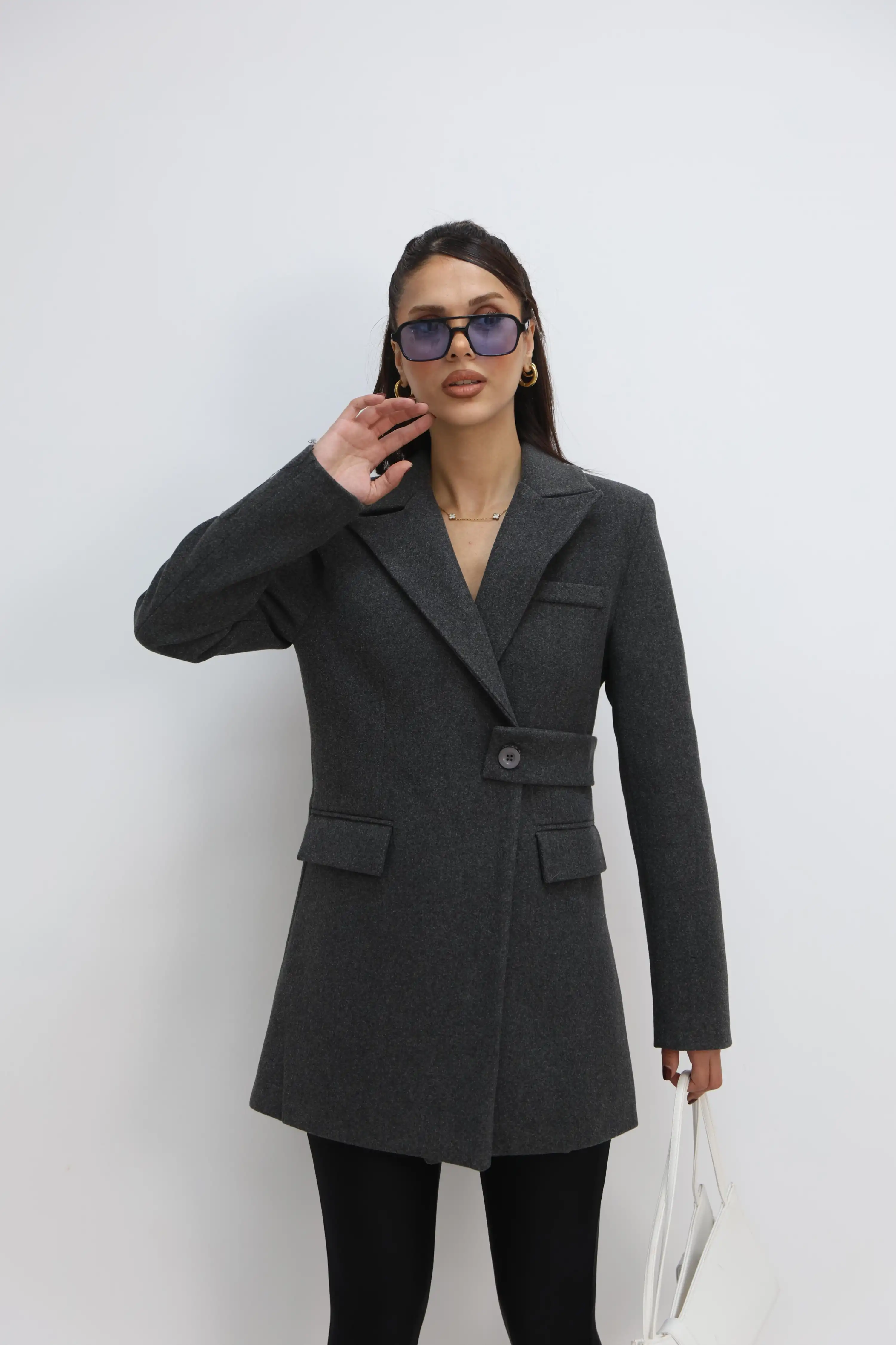 YANDAN DÜĞME DETAYLI KAŞE BLAZER CEKET-ANTRASİT