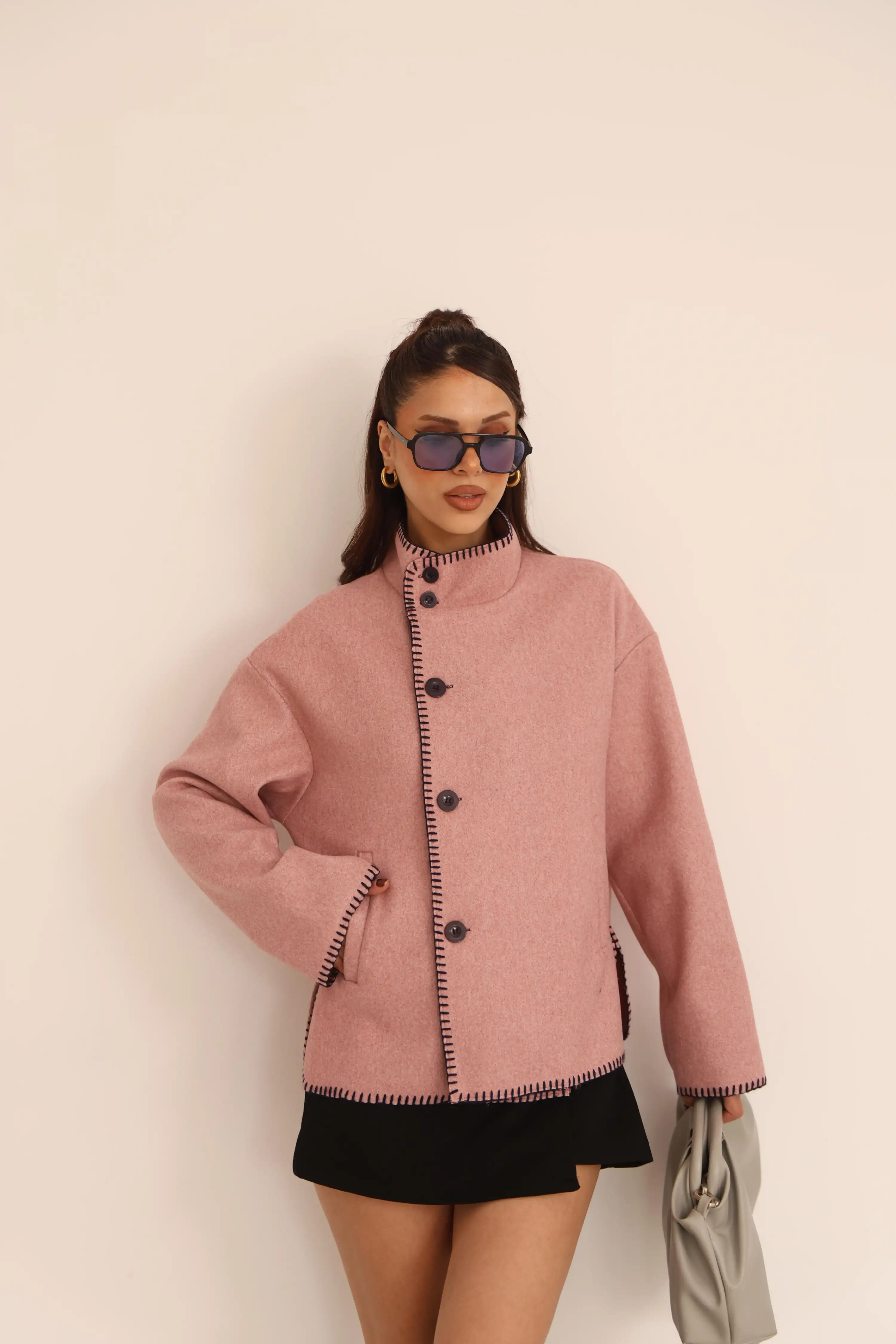 İNCE KAŞE DİK YAKA CEKET-PEMBE