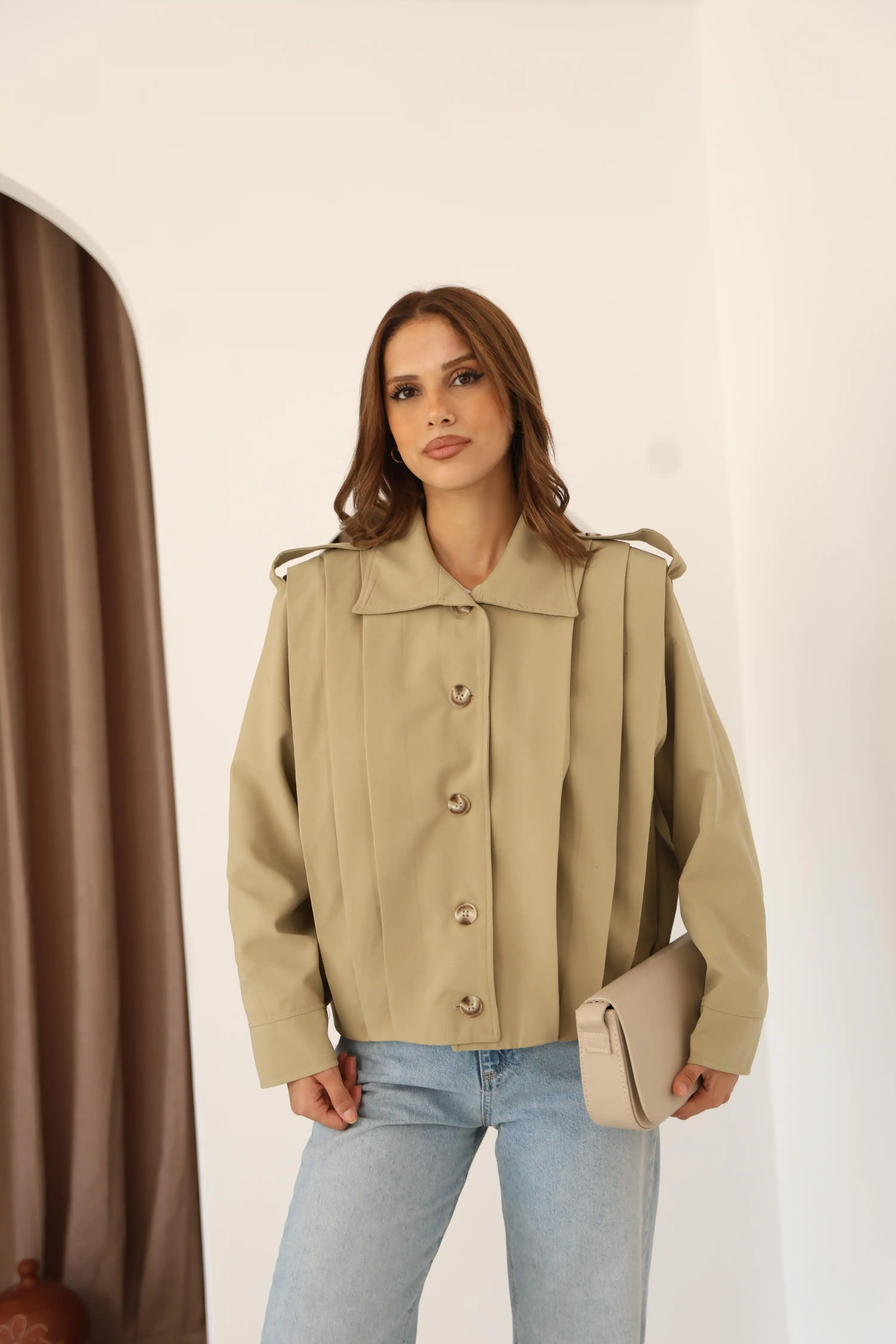 APOLETLİ CROP TRENÇ-YEŞİL