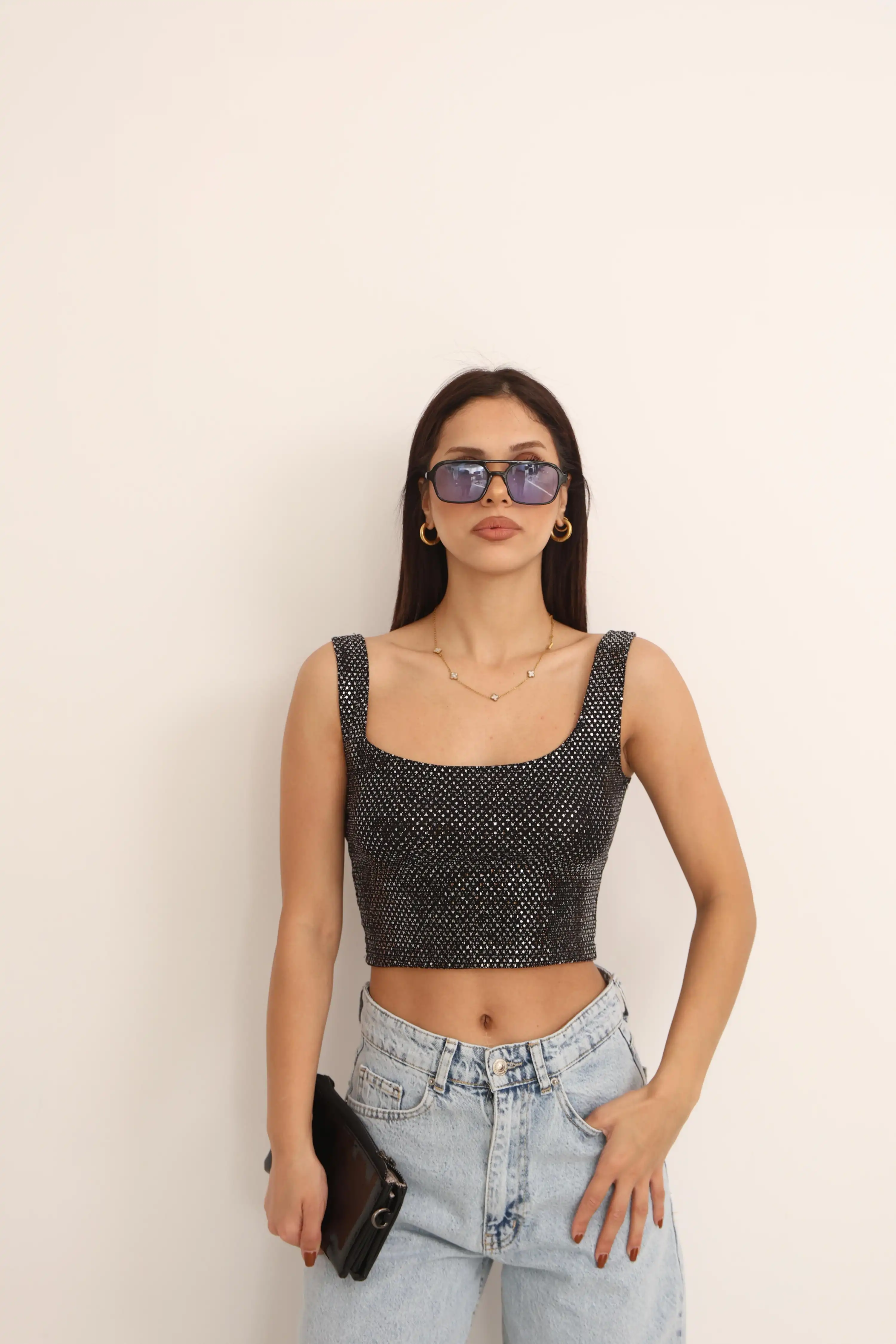 ASKILI PULLU CROP-SİYAH