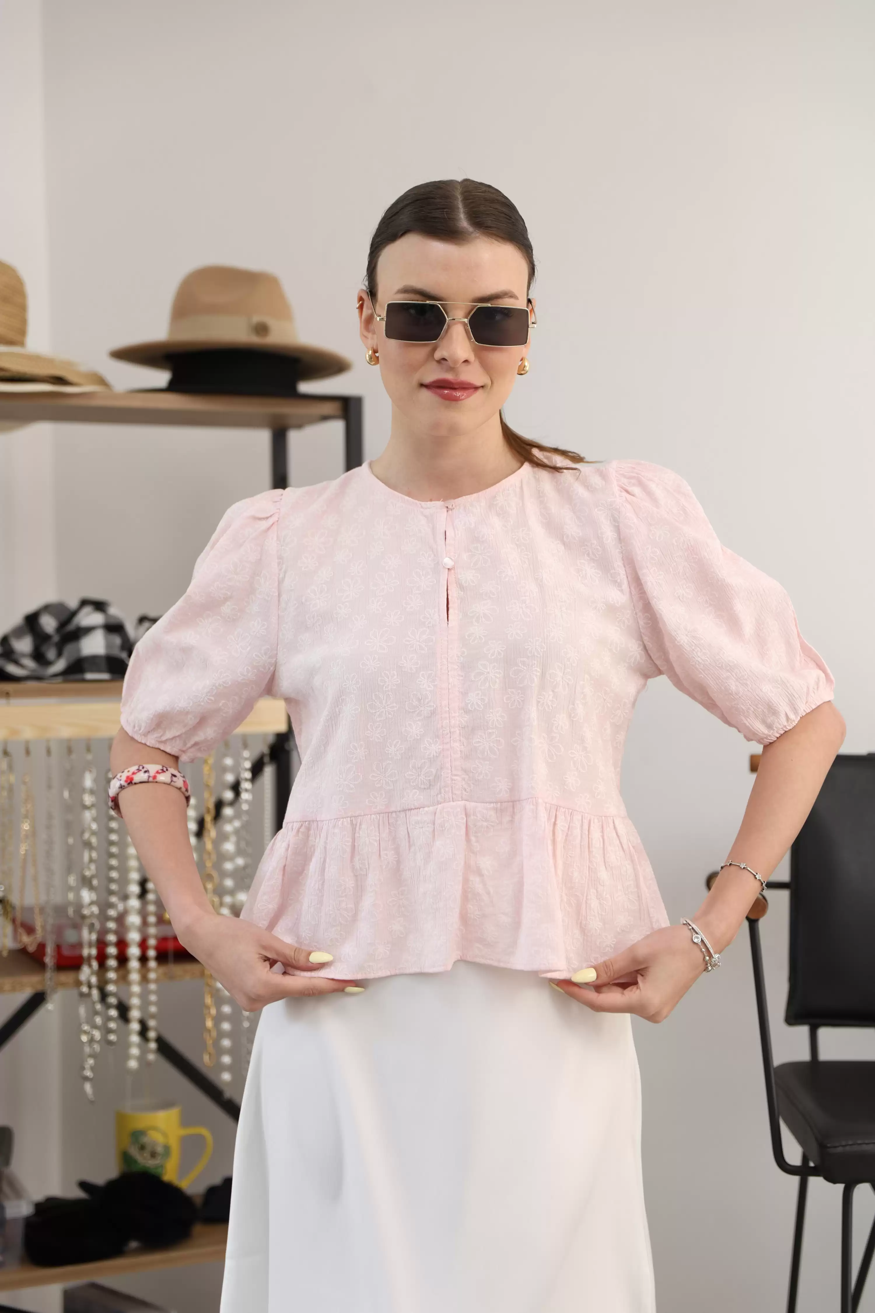 ÇİÇEK BASKILI KARPUZ KOL GÖMLEK-PEMBE