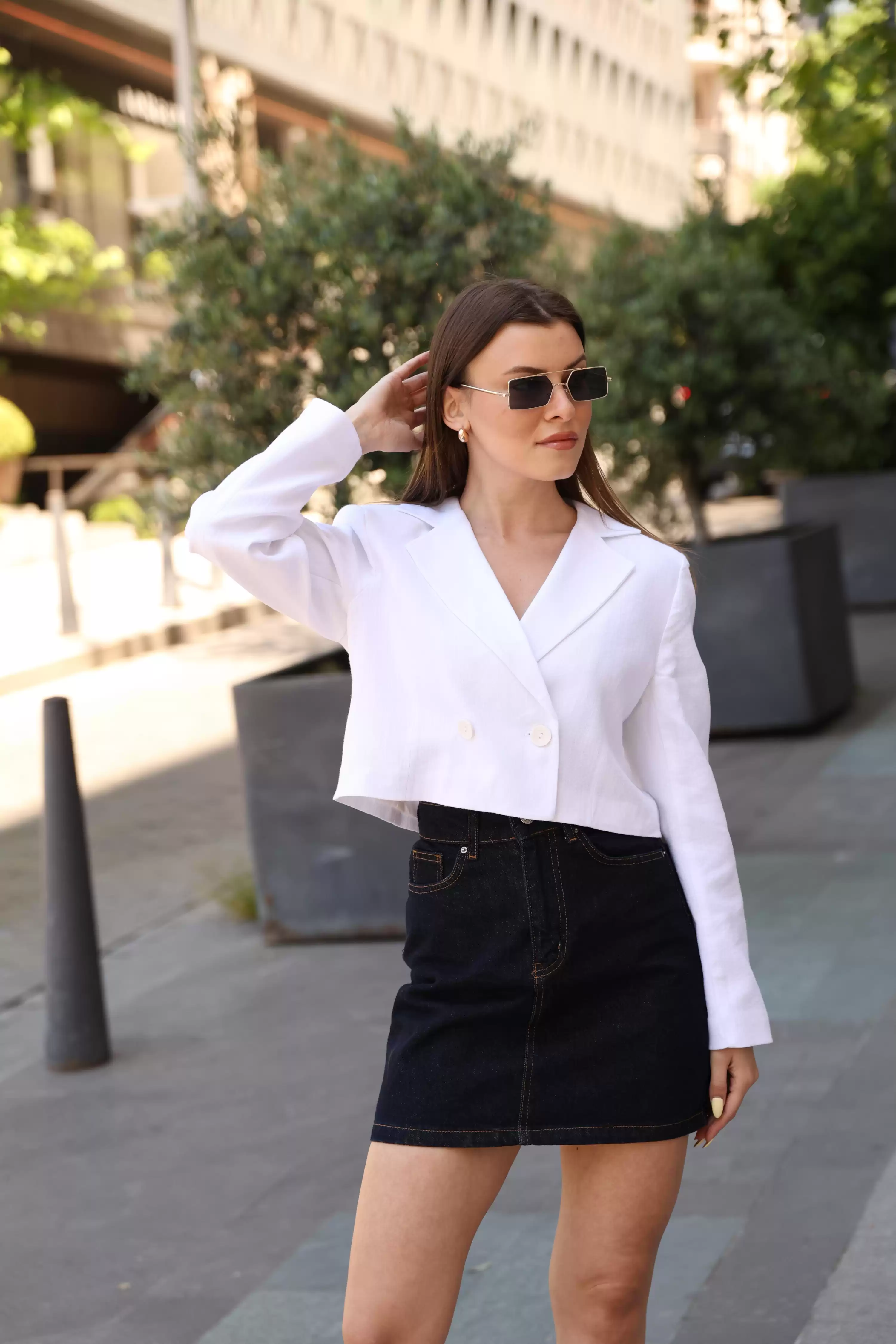 CROP KETEN CEKET-BEYAZ