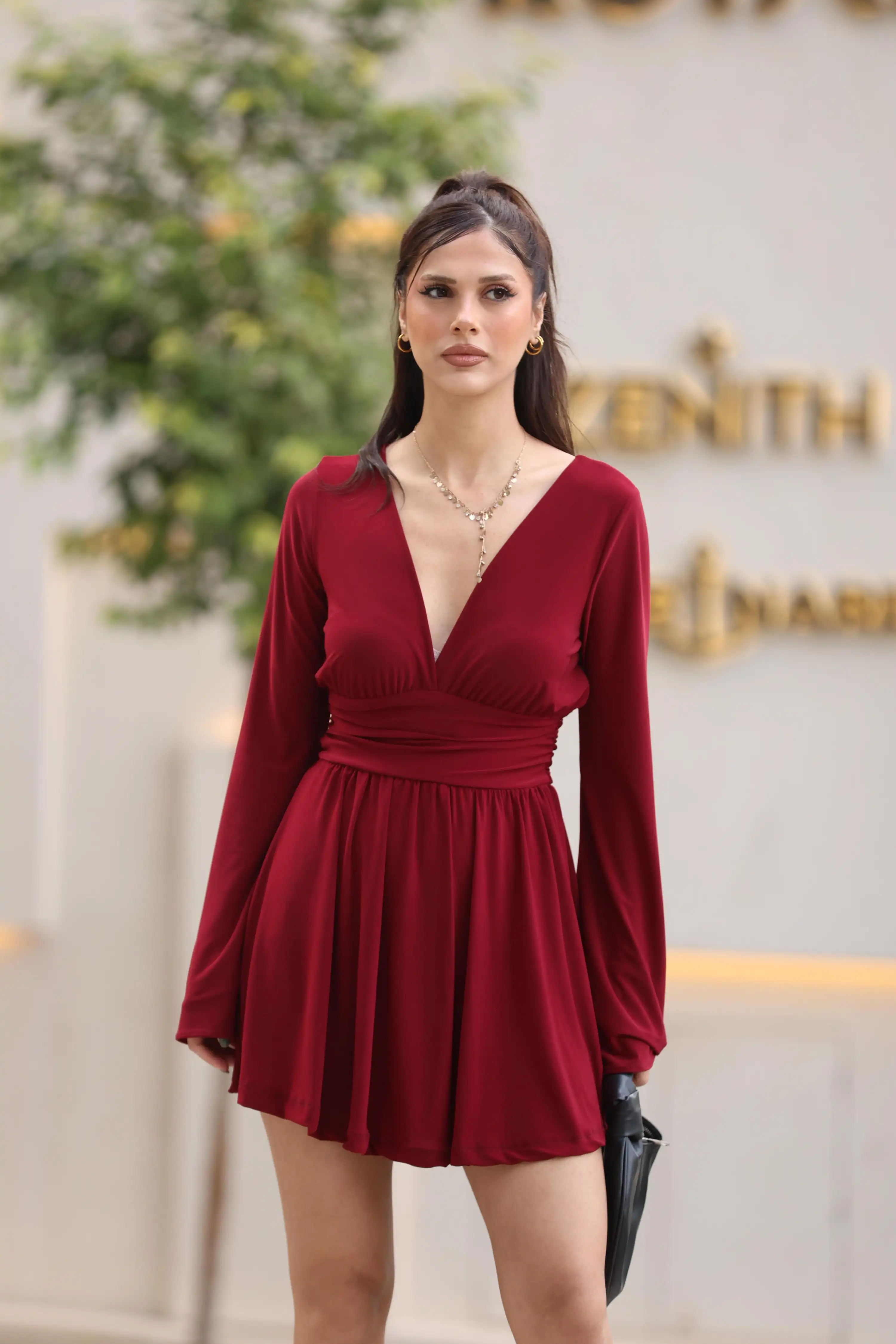 DERİN V DEKOLTELİ ELBİSE-BORDO