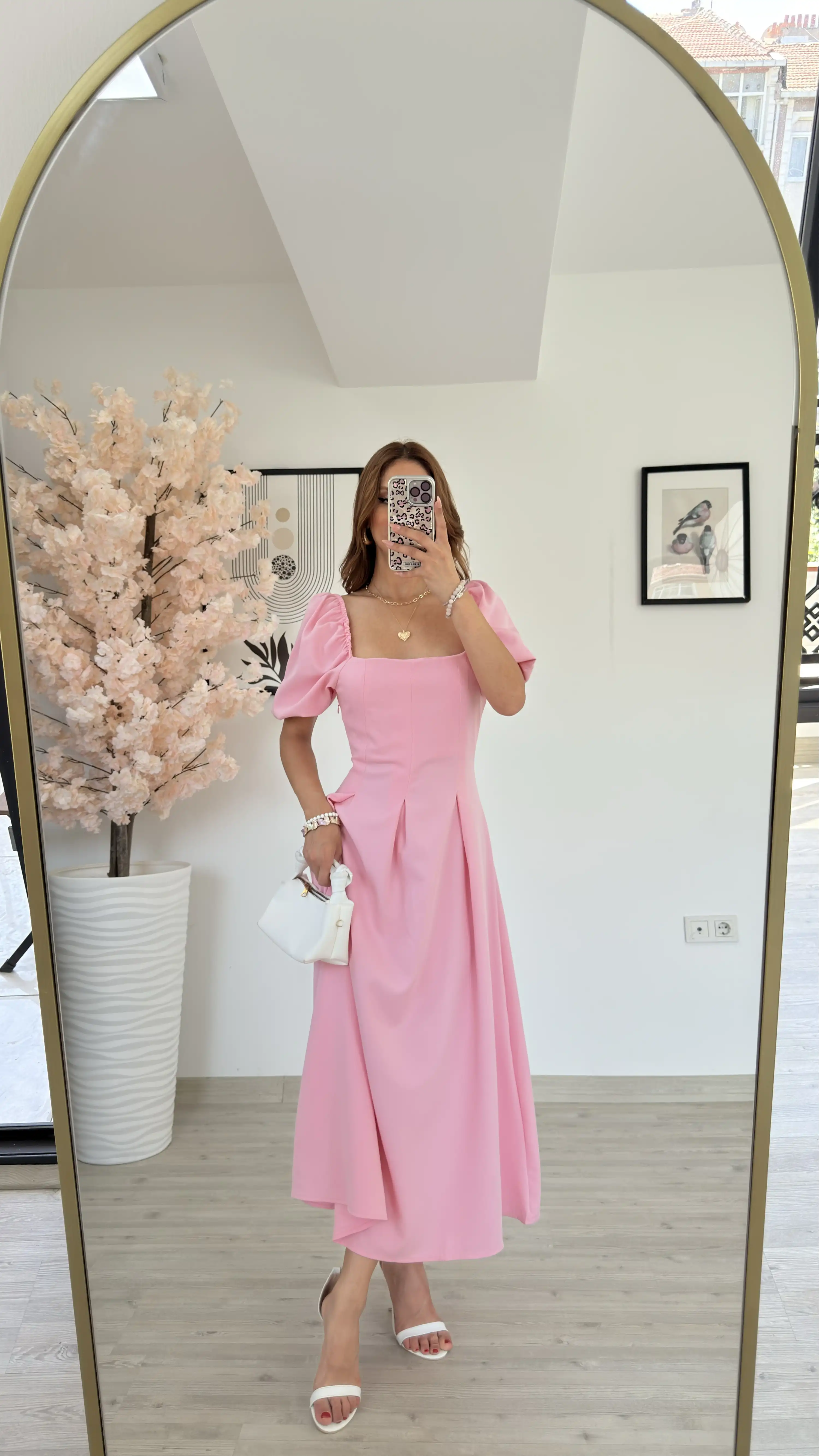 KARPUZ KOL KARE YAKA ELBİSE-PEMBE