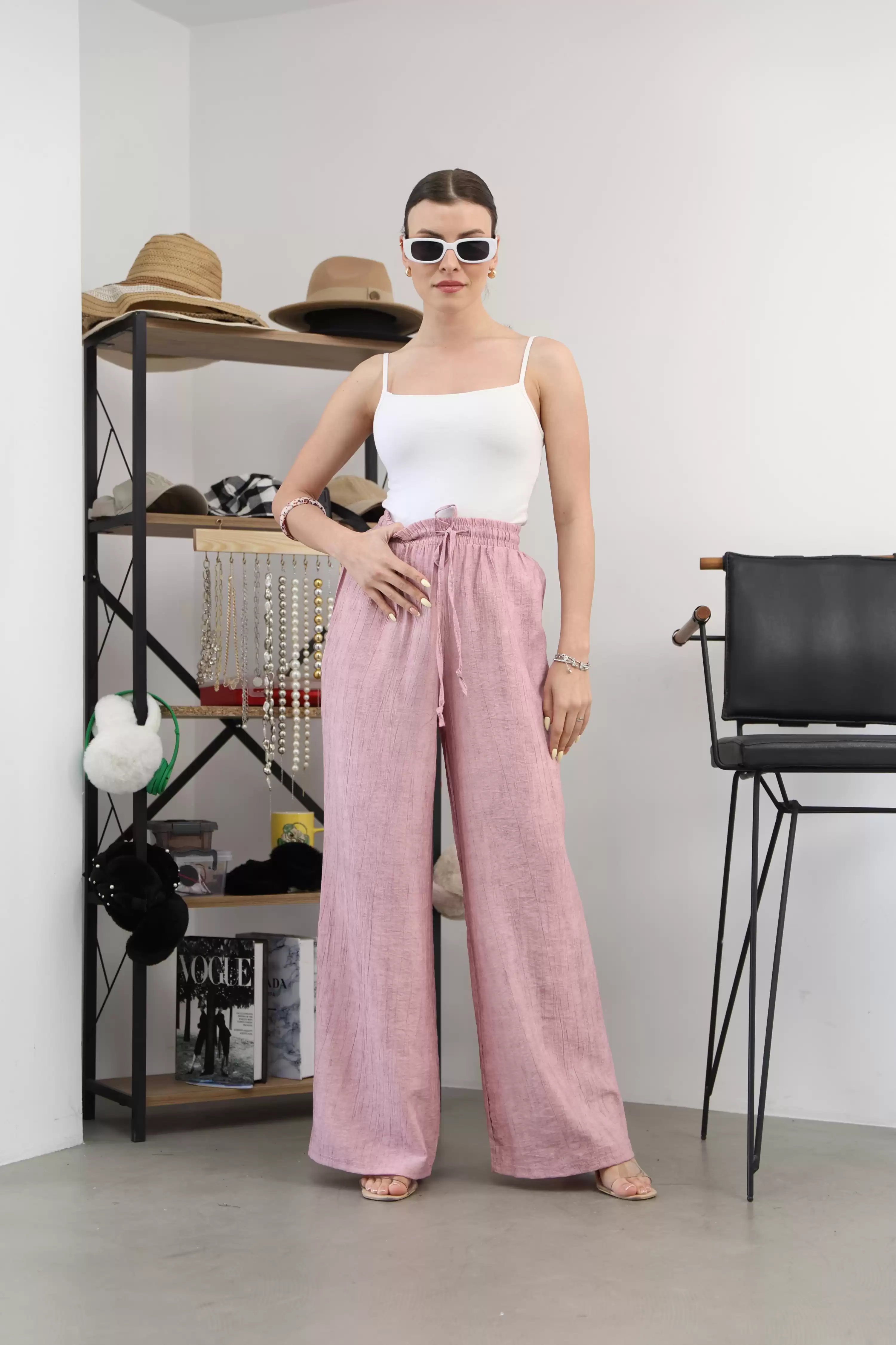 KETEN PALAZZO PANTOLON-PEMBE