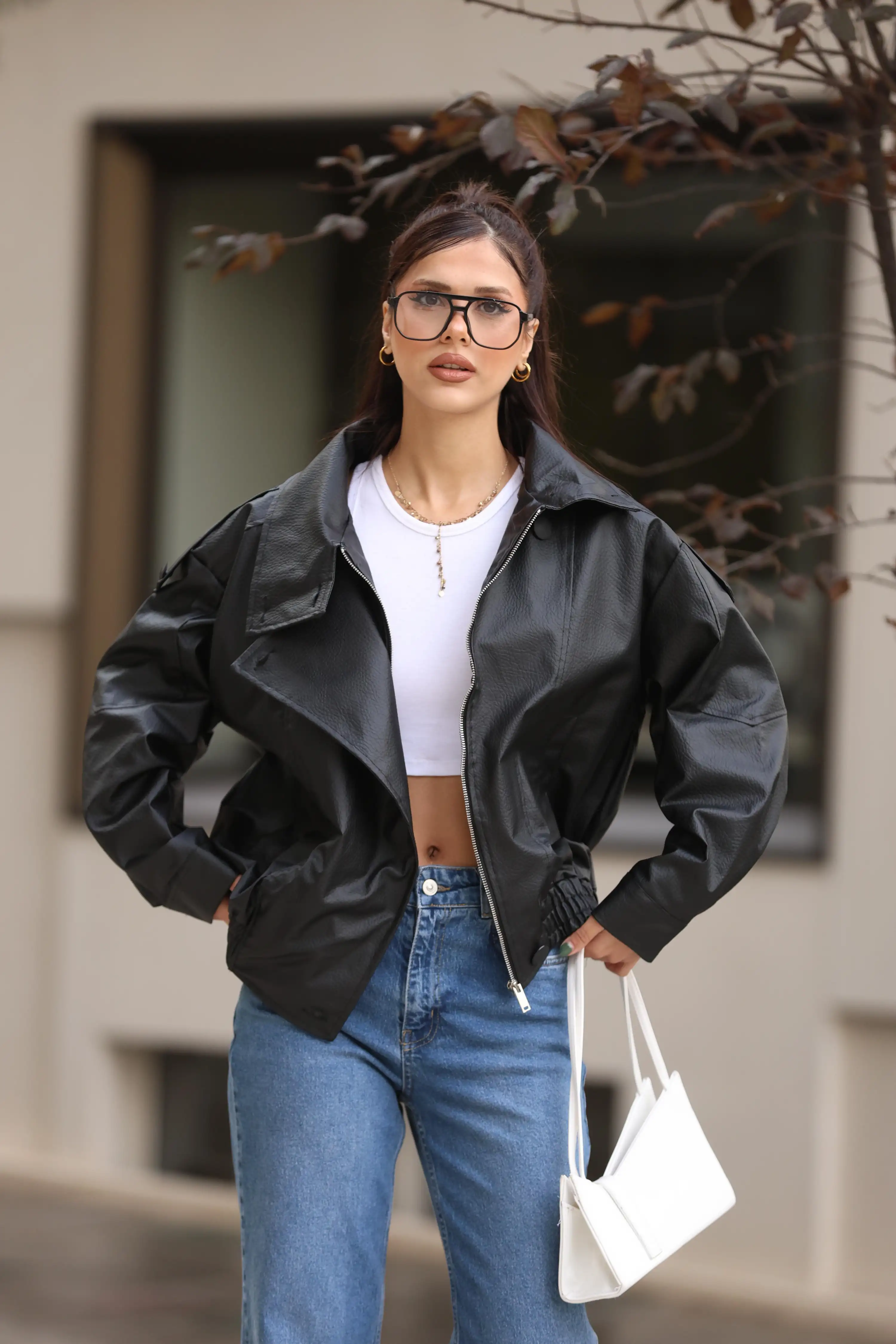 KRUVAZE YAKA DERİ BEL LASTİKLİ CEKET-SİYAH