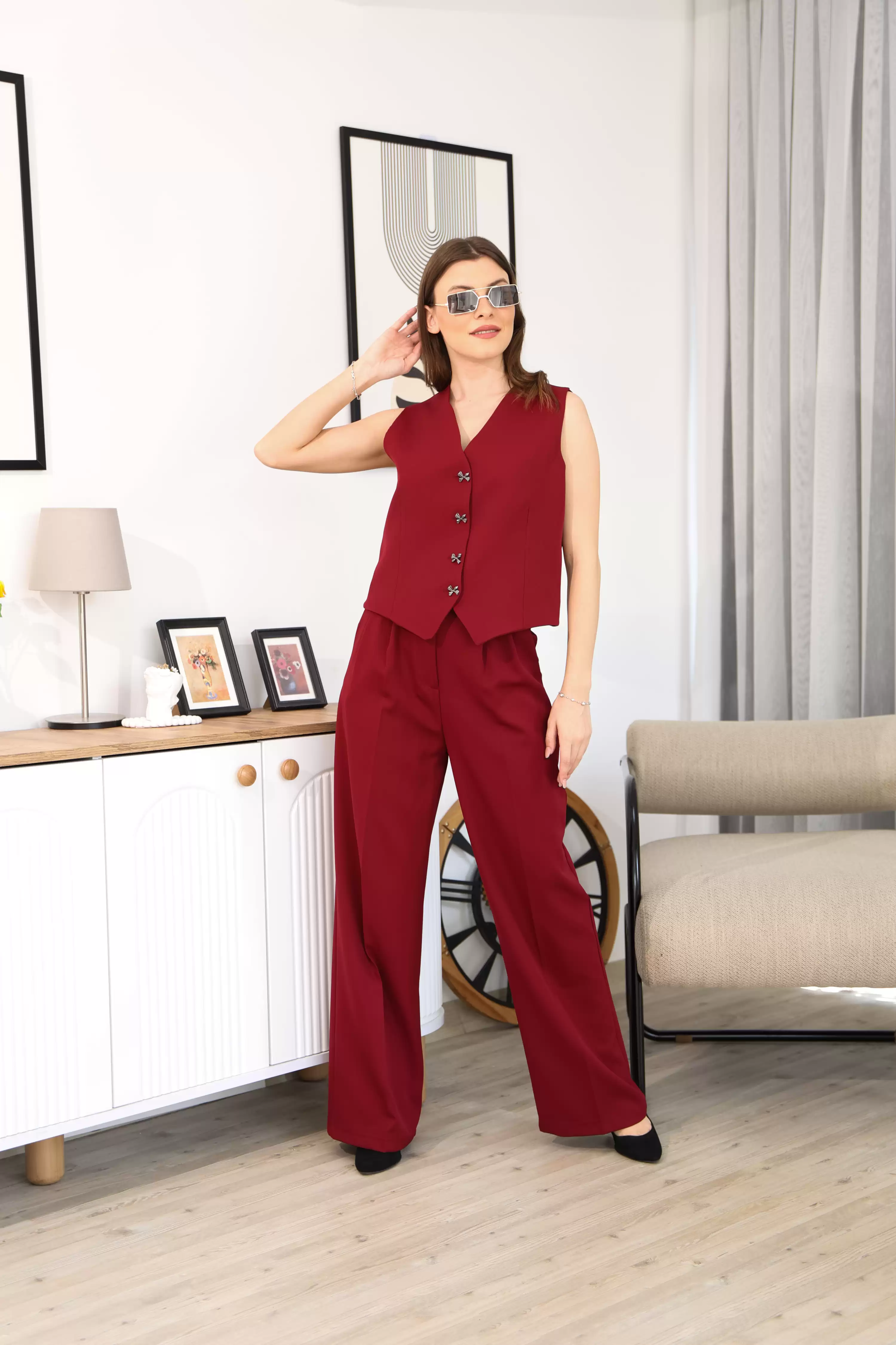 KURDELE DÜĞMELİ TASARIM YELEK PANTOLON TAKIM-BORDO