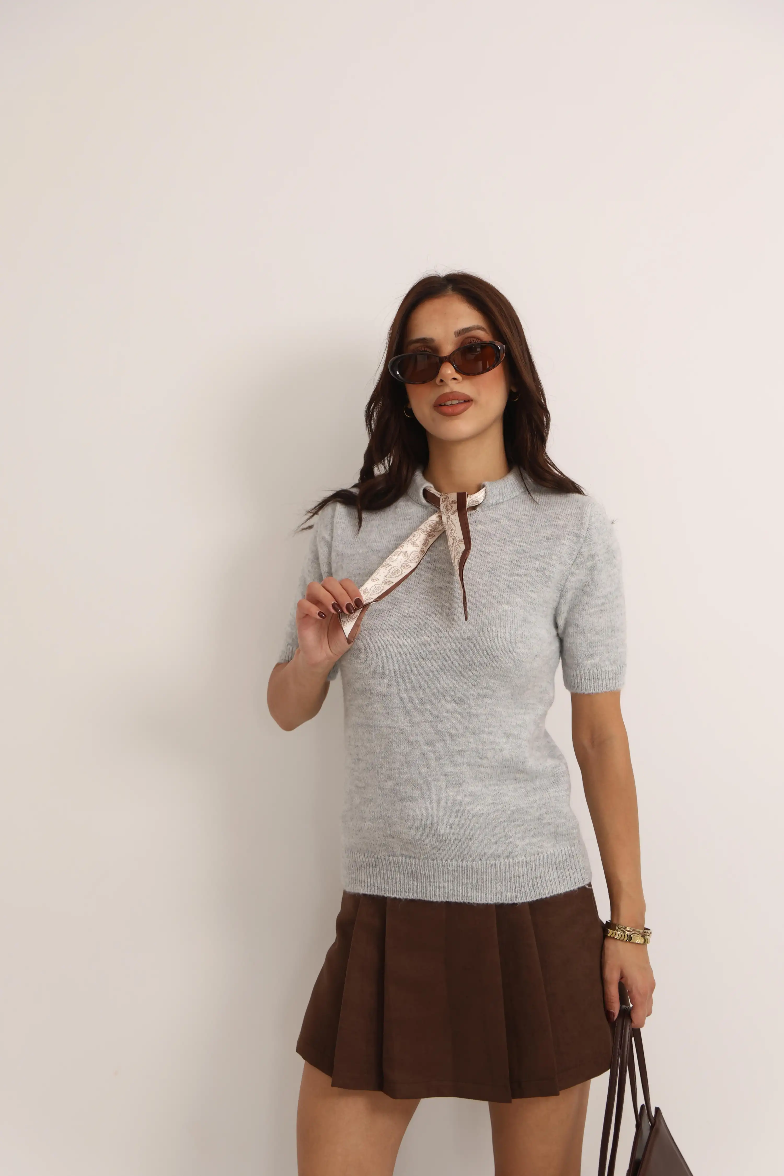 ŞAL DETAYLI KISA KOL TRİKO KAZAK-GRİ