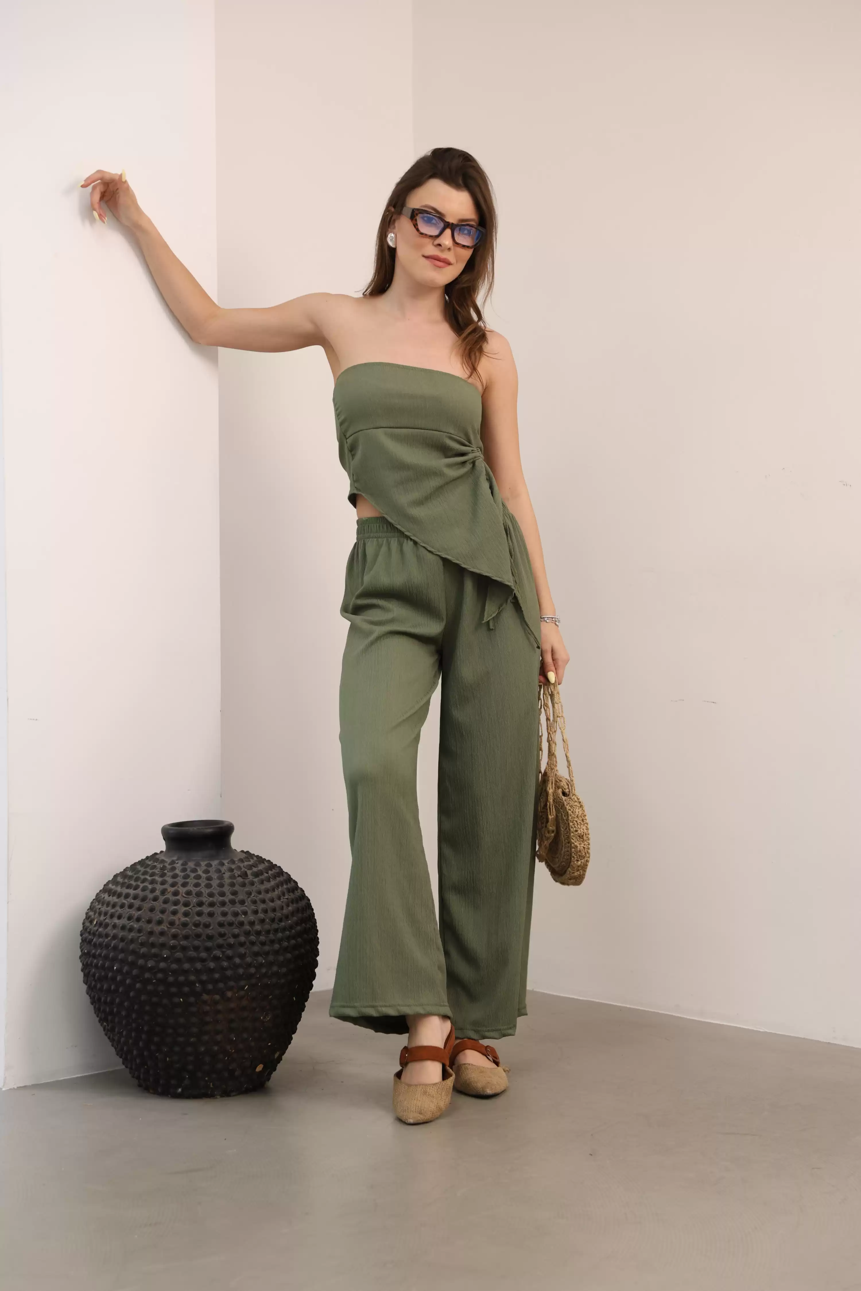 STRAPLEZ CROP PANTOLON TAKIM-PUDRA