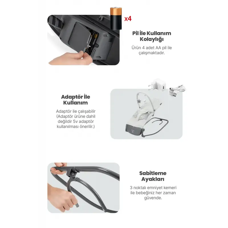 Kanz Robin Elektrikli Pilli Ana Kucağı Cool Grey