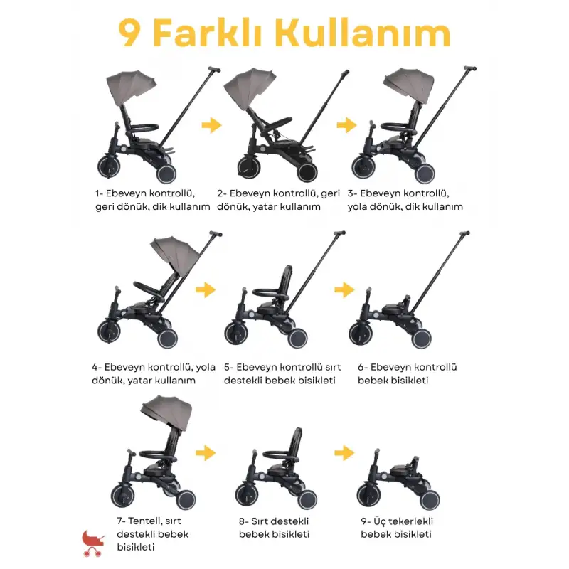 Merkür Bebe 9in1 Hawk Üç Tekerlekli Bebek ve Çocuk Bisikleti Gri