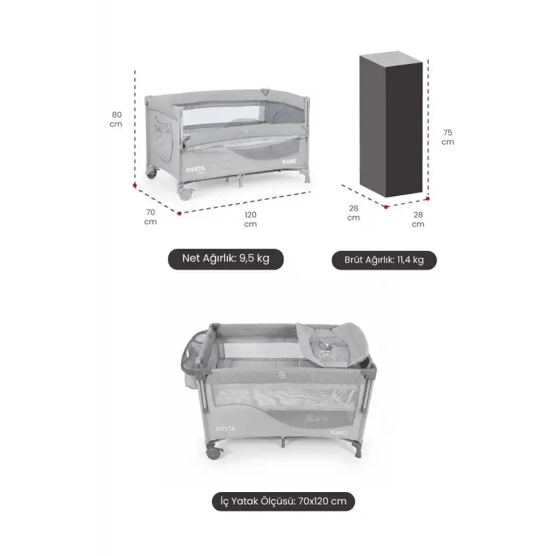 Kanz Siesta Plus Dönenceli Oyun Parkı 70x120 cm Gri