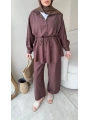 Çilek Kumaş Pantolonlu Takım - Kahverengi