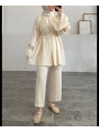 Brit Düğmeli Kuşaklı İkili Takım - Bej