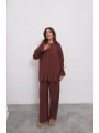 Brit Düğmeli Kuşaklı İkili Takım - Kahverengi
