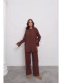 Brit Düğmeli Kuşaklı İkili Takım - Kahverengi