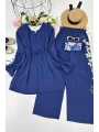 Brit Düğmeli Kuşaklı İkili Takım - Lacivert
