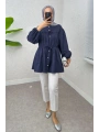Büzgülü Bağcıklı Tunik - Lacivert
