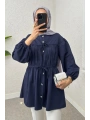 Büzgülü Bağcıklı Tunik - Lacivert