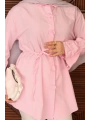 Çiçek Detaylı Biye Kemerli Gömlek - Pembe