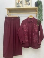 Nakış ve Taş İşlemeli İkili Takım - Bordo