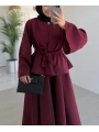 Tek Düğmeli Belden Kuşaklı Ceketli Etekli Takım - Bordo