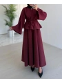 Tek Düğmeli Belden Kuşaklı Ceketli Etekli Takım - Bordo