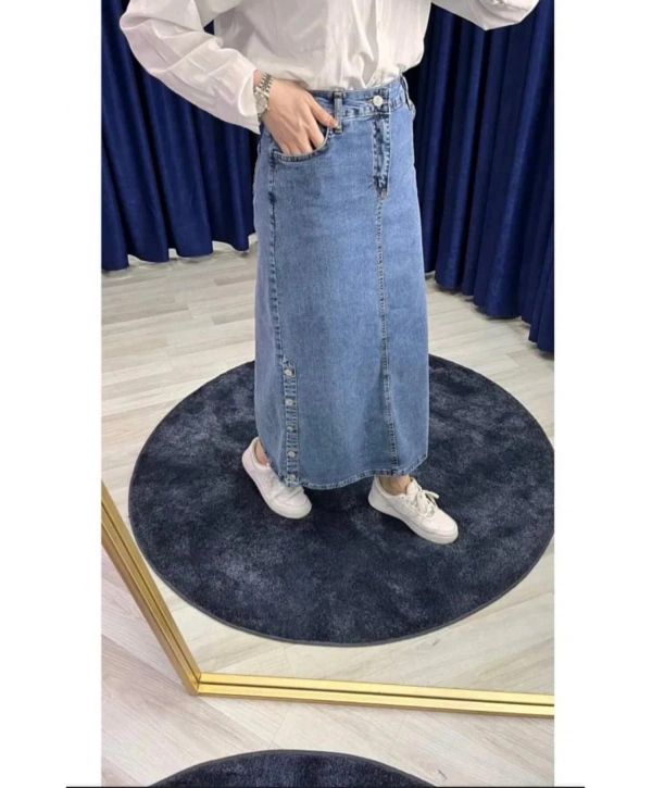 Yanları Düğmeli Kot Etek