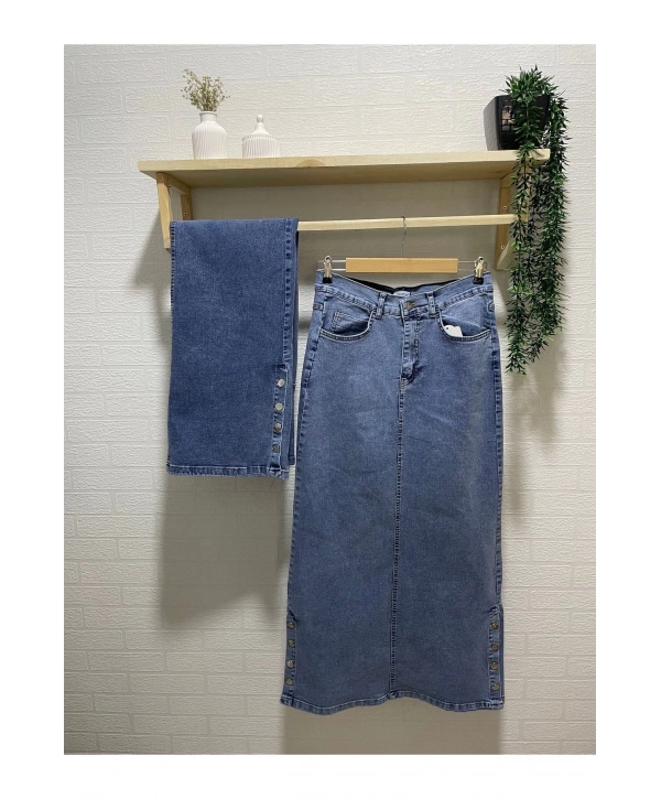 Yanları Düğmeli Kot Etek