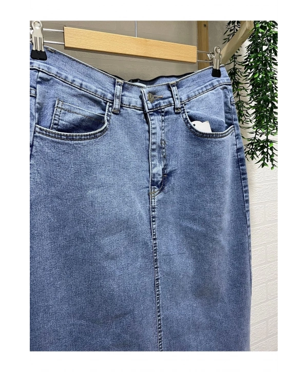 Yanları Düğmeli Kot Etek