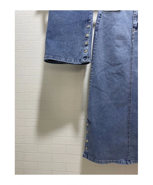 Yanları Düğmeli Kot Etek